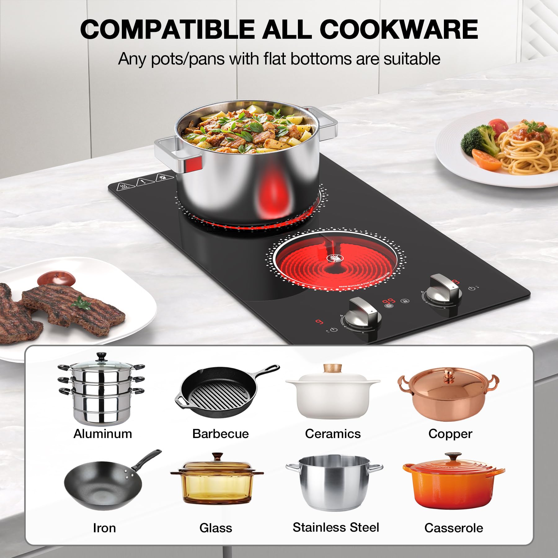 VBGK 2 Burner Electric Cooktop 12 Inch Electric Stove Top with Plug ,2100W Countertop Burners Built-In Stove Top