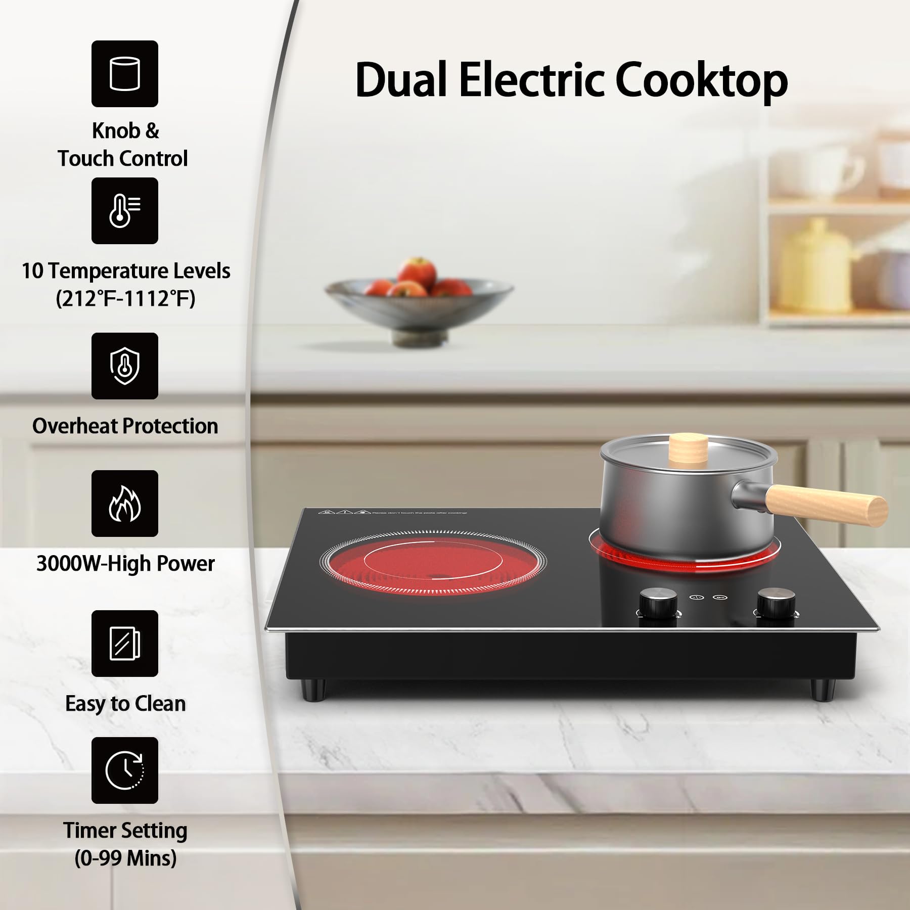 VBGK Electric Cooktop,110V 2100W 2 Burner stove,Built-in & Countertop Stove Top,2 Burner Electric Cooktop