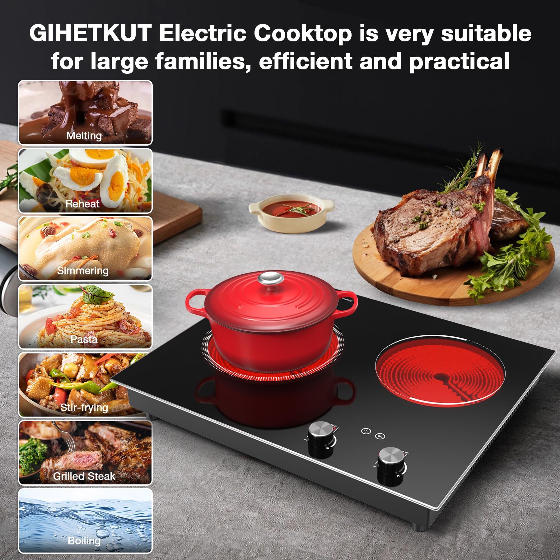 VBGK Electric Cooktop,110V 2100W 2 Burner stove,Built-in & Countertop Stove Top,2 Burner Electric Cooktop