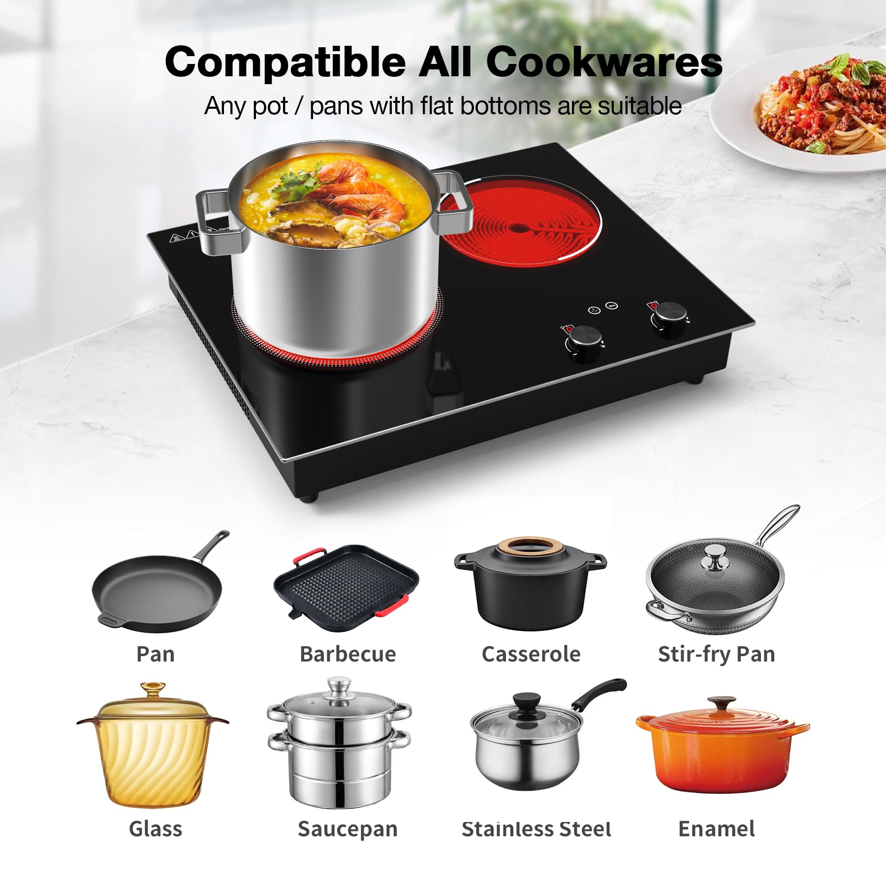 VBGK Electric Cooktop,110V 2100W 2 Burner stove,Built-in & Countertop Stove Top,2 Burner Electric Cooktop