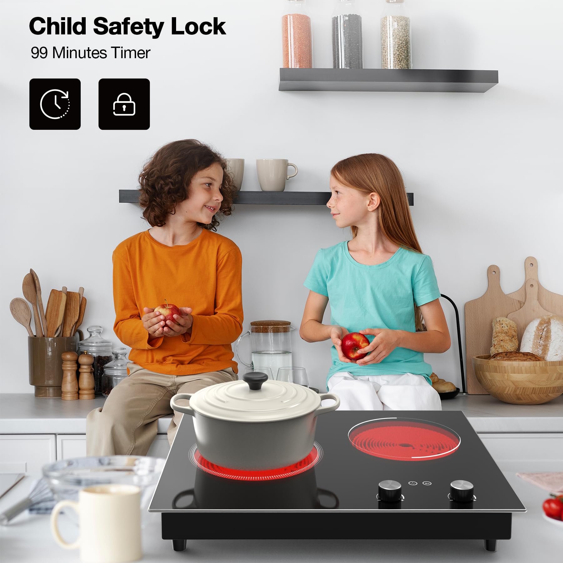 VBGK Electric Cooktop,110V 2100W 2 Burner stove,Built-in & Countertop Stove Top,2 Burner Electric Cooktop