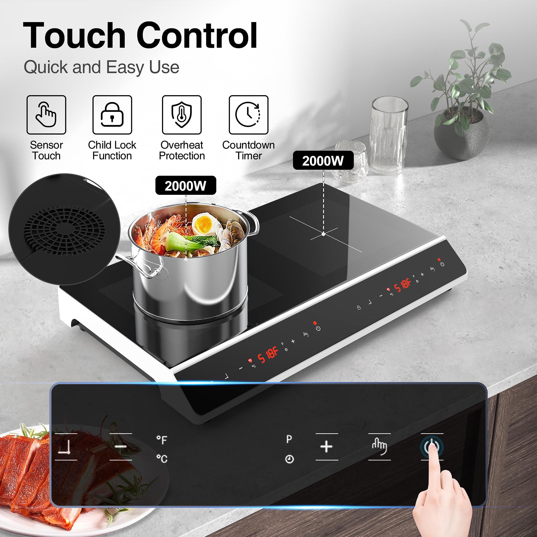 VBGK Double Induction Cooktop, 4000W 2 burner Induction cooktop, 110V Electric burner with hot plate
