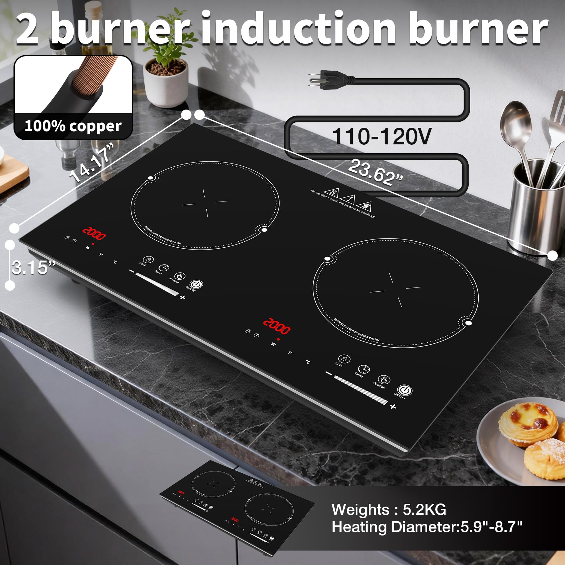 VBGK 2 Burner Induction Cooktop 110V 4000W Double Electric Stove with Dual Heating Zones for Home Kitchen
