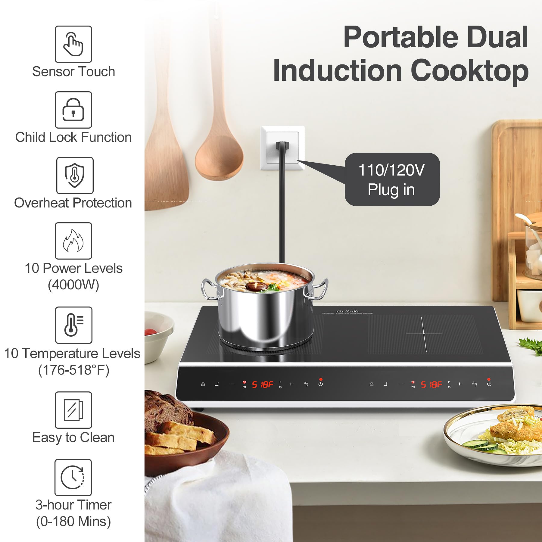 VBGK Double Induction Cooktop, 4000W 2 burner Induction cooktop, 110V Electric burner with hot plate