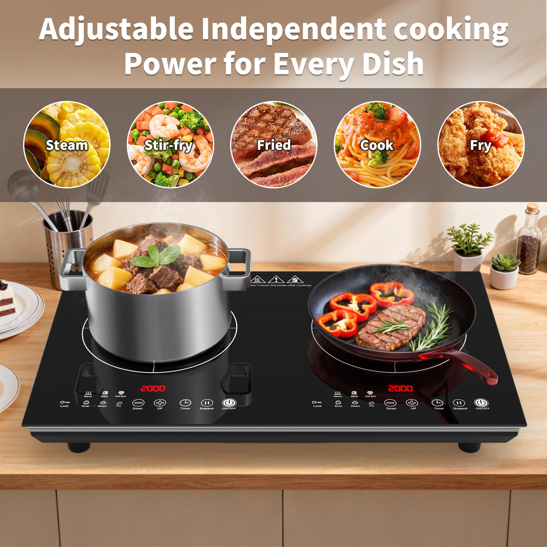 VBGK 2 Burner Induction Cooktop 110V 4000W Double Electric Stove with Dual Heating Zones for Home Kitchen