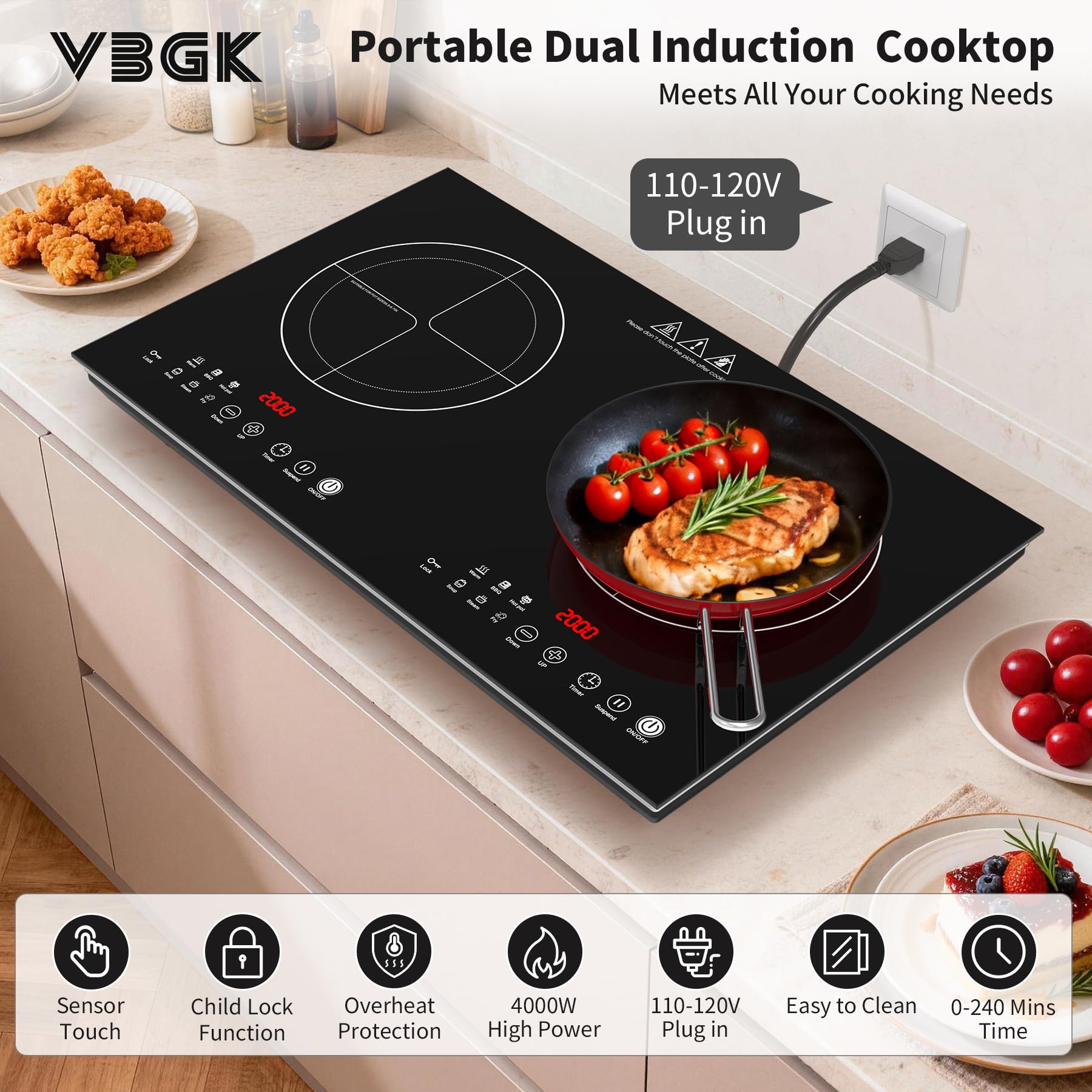 VBGK 2 Burner Induction Cooktop 110V 4000W Double Electric Stove with Dual Heating Zones for Home Kitchen