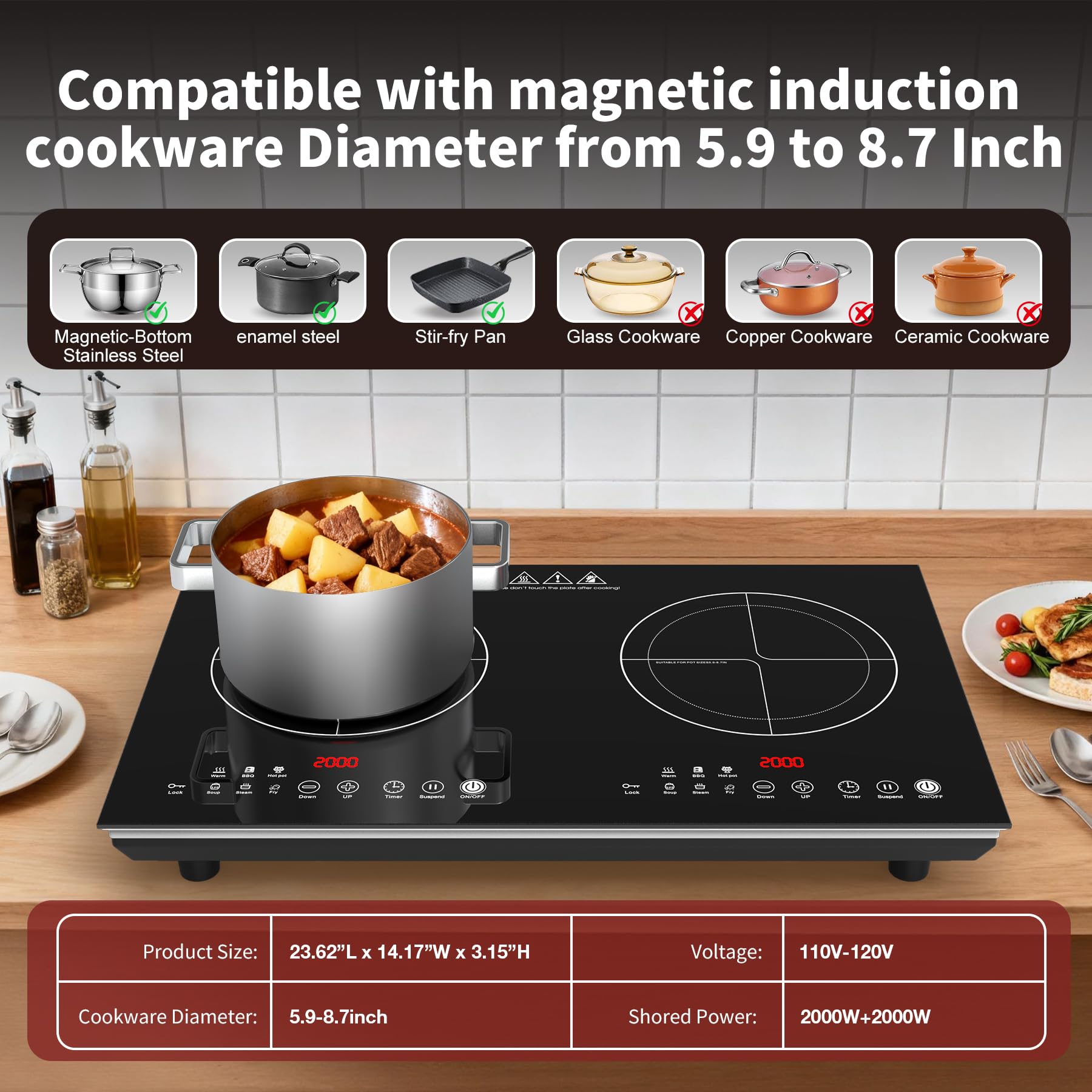 VBGK 2 Burner Induction Cooktop 110V 4000W Double Electric Stove with Dual Heating Zones for Home Kitchen