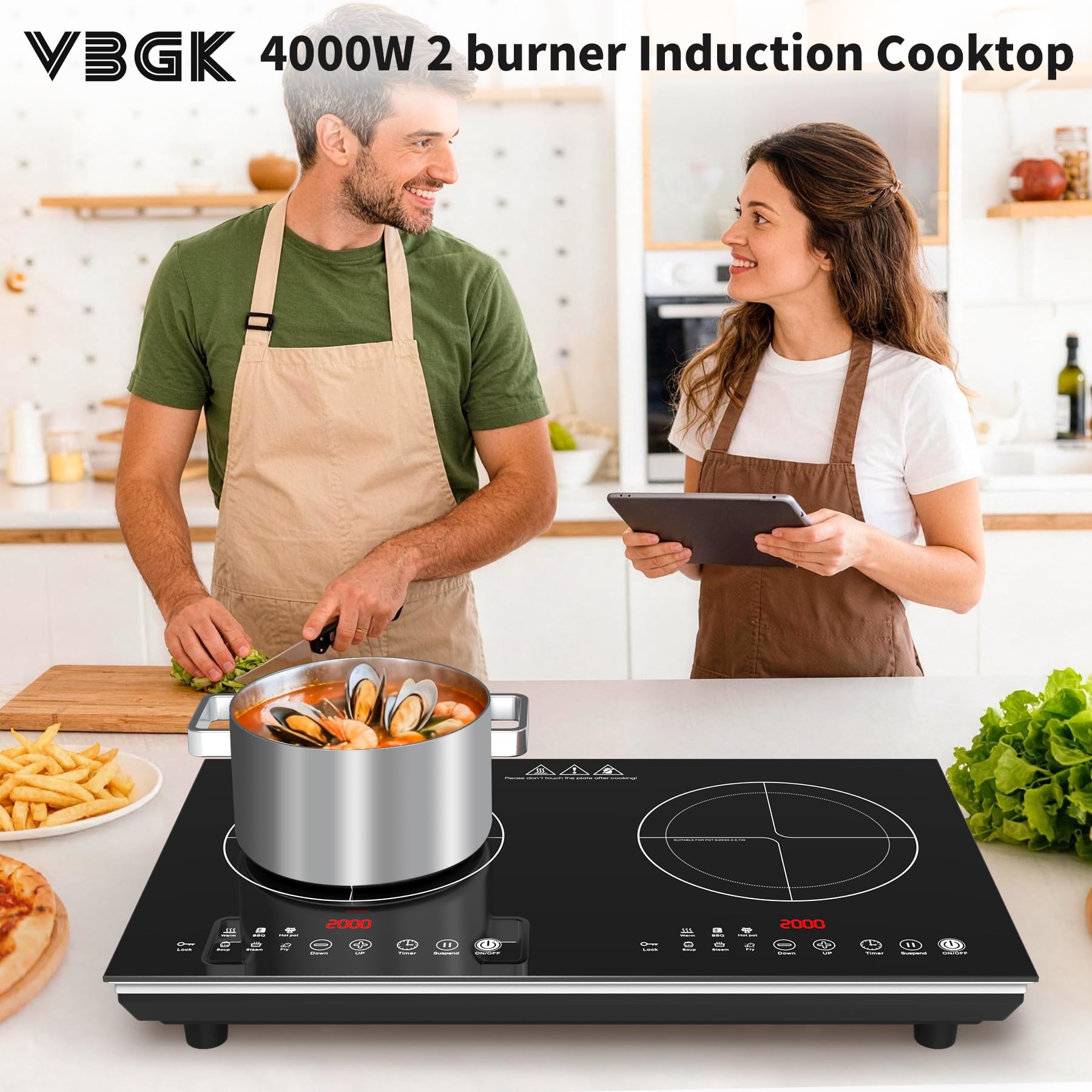 VBGK 2 Burner Induction Cooktop 110V 4000W Double Electric Stove with Dual Heating Zones for Home Kitchen