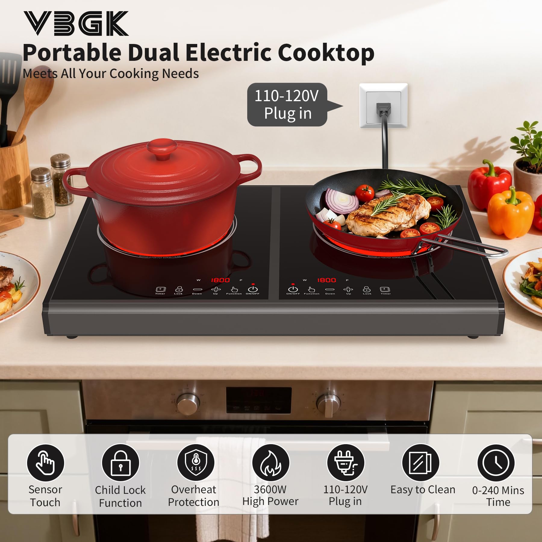 VBGK Electric Cooktop, 110V 3600w Stove top, 22 inch Countertop, 2 burer Electric cooktop