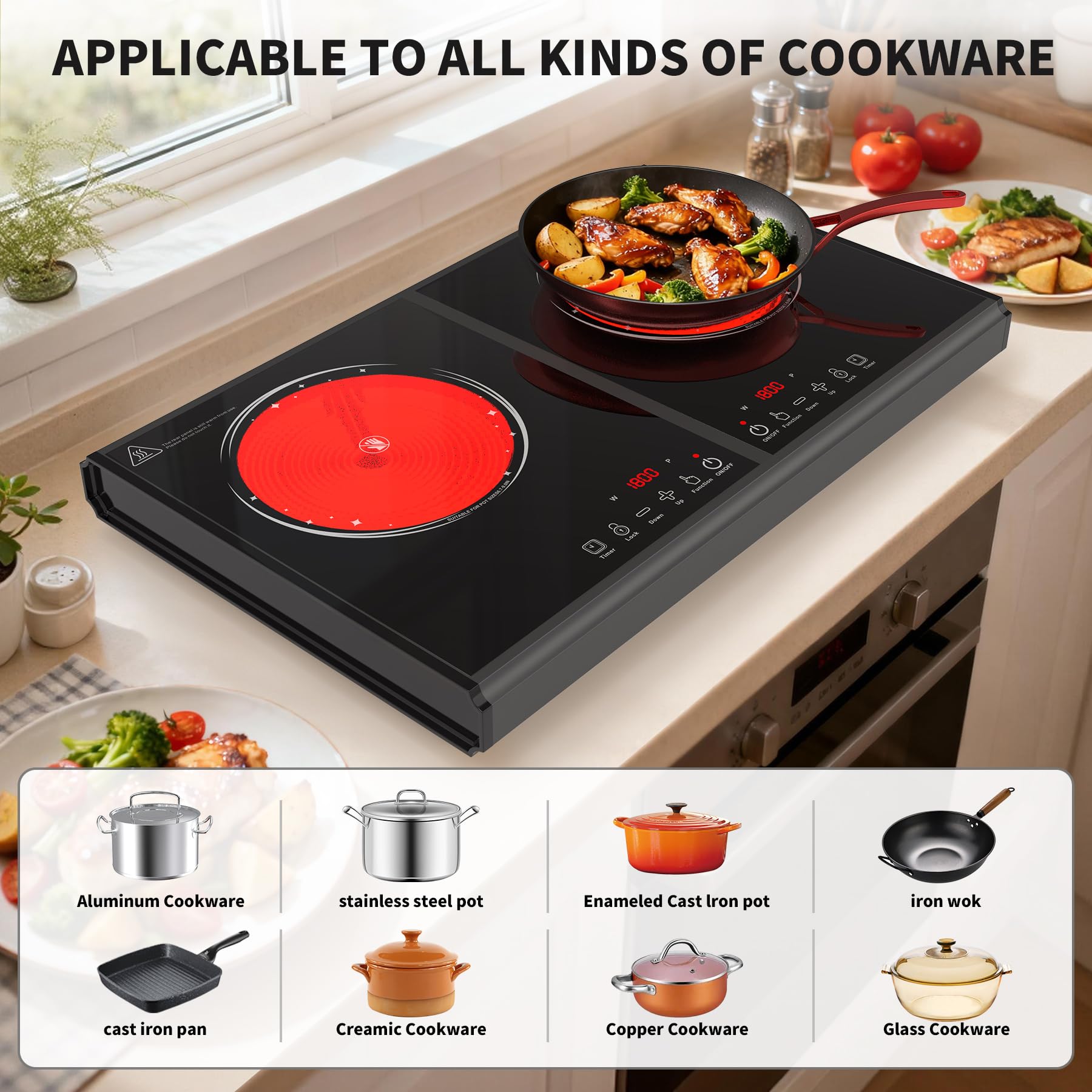 VBGK Electric Cooktop, 110V 3600w Stove top, 22 inch Countertop, 2 burer Electric cooktop