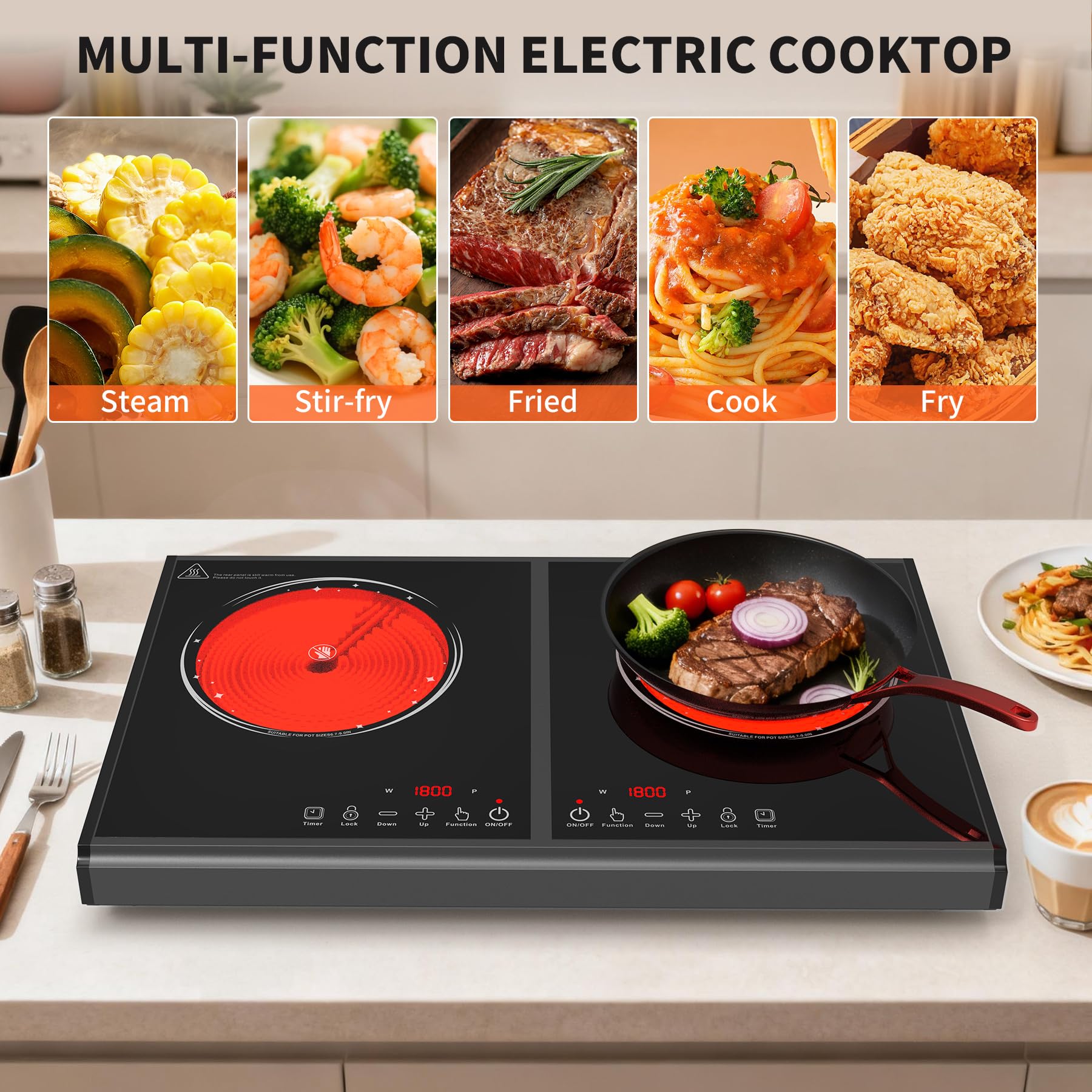 VBGK Electric Cooktop, 110V 3600w Stove top, 22 inch Countertop, 2 burer Electric cooktop