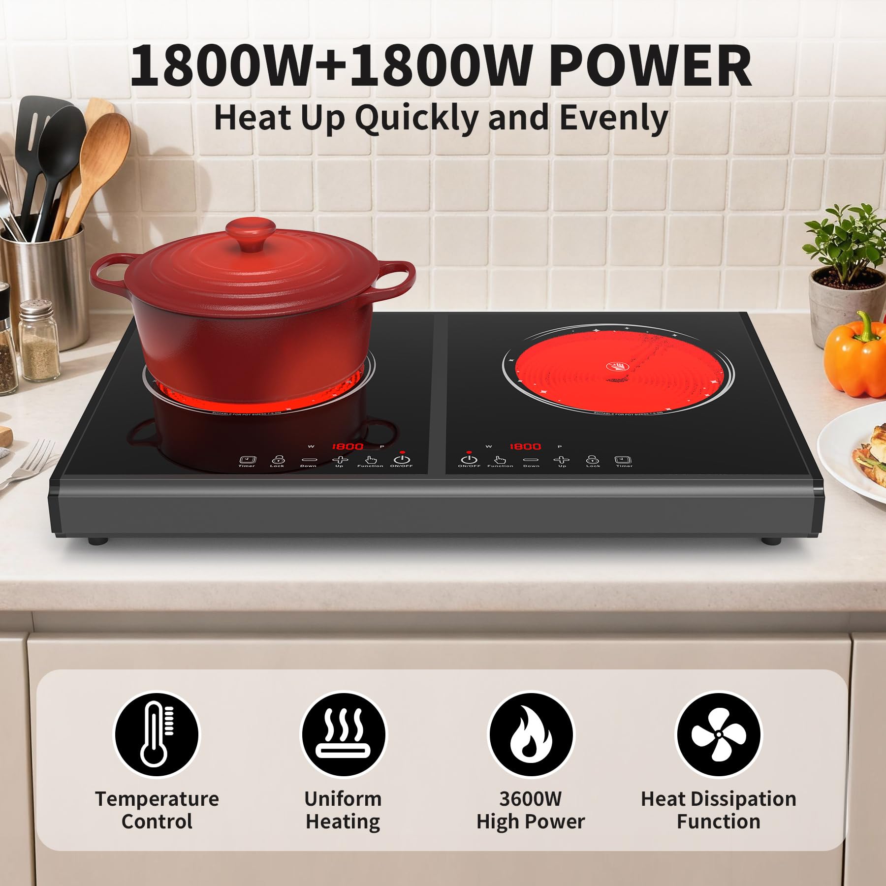 VBGK Electric Cooktop, 110V 3600w Stove top, 22 inch Countertop, 2 burer Electric cooktop
