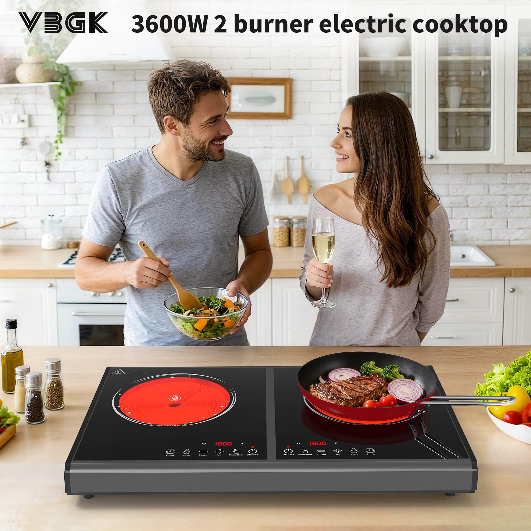 VBGK Electric Cooktop, 110V 3600w Stove top, 22 inch Countertop, 2 burer Electric cooktop