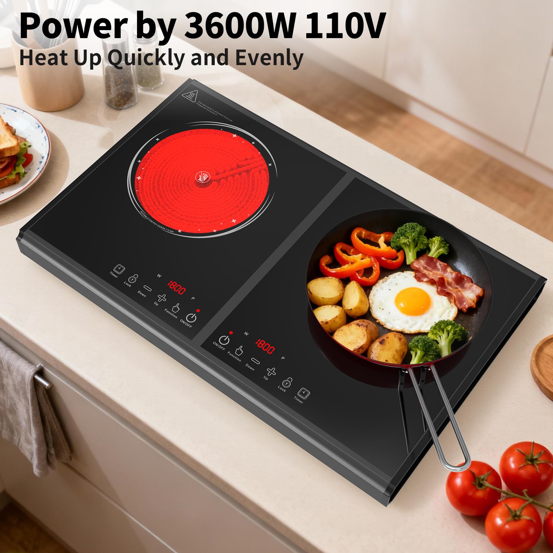 VBGK Electric Cooktop, 110V 3600w Stove top, 22 inch Countertop, 2 burer Electric cooktop