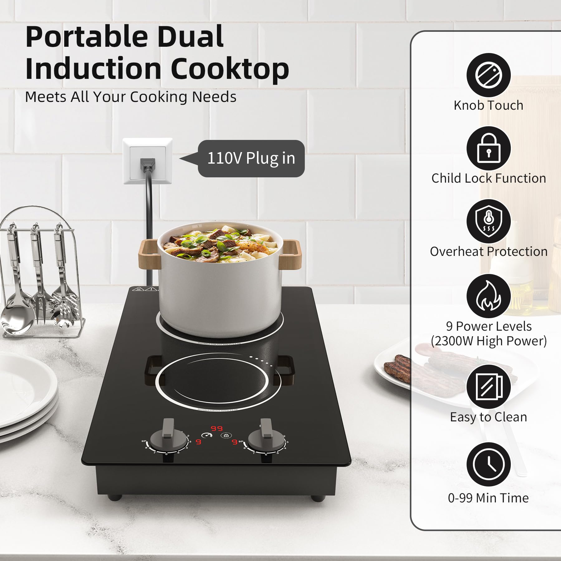 VBGK Double Induction Cooktop,110V 2300w 2 Burner Induction Cooktop,2 Burner Hot Plate Electric Burner