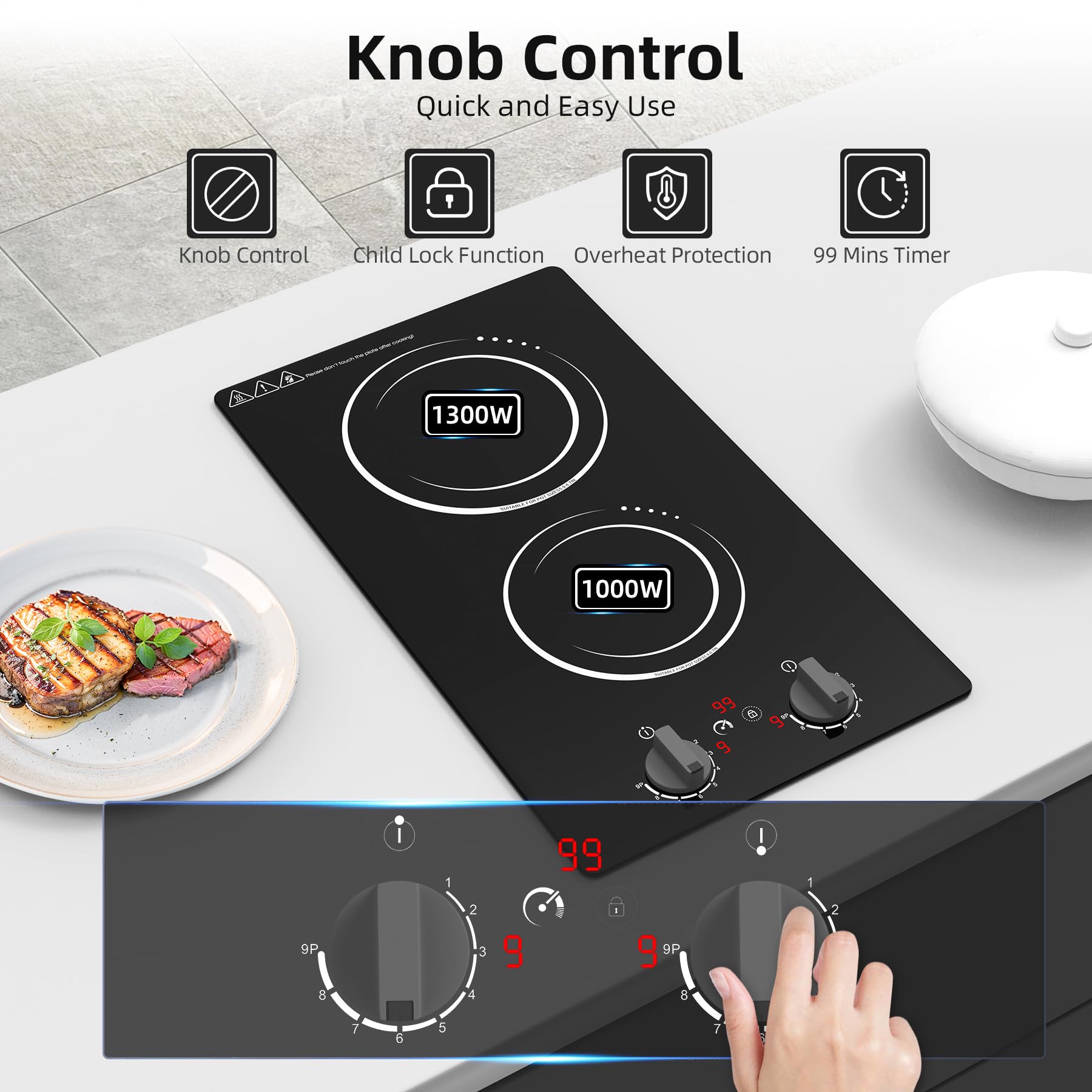 VBGK Double Induction Cooktop,110V 2300w 2 Burner Induction Cooktop,2 Burner Hot Plate Electric Burner
