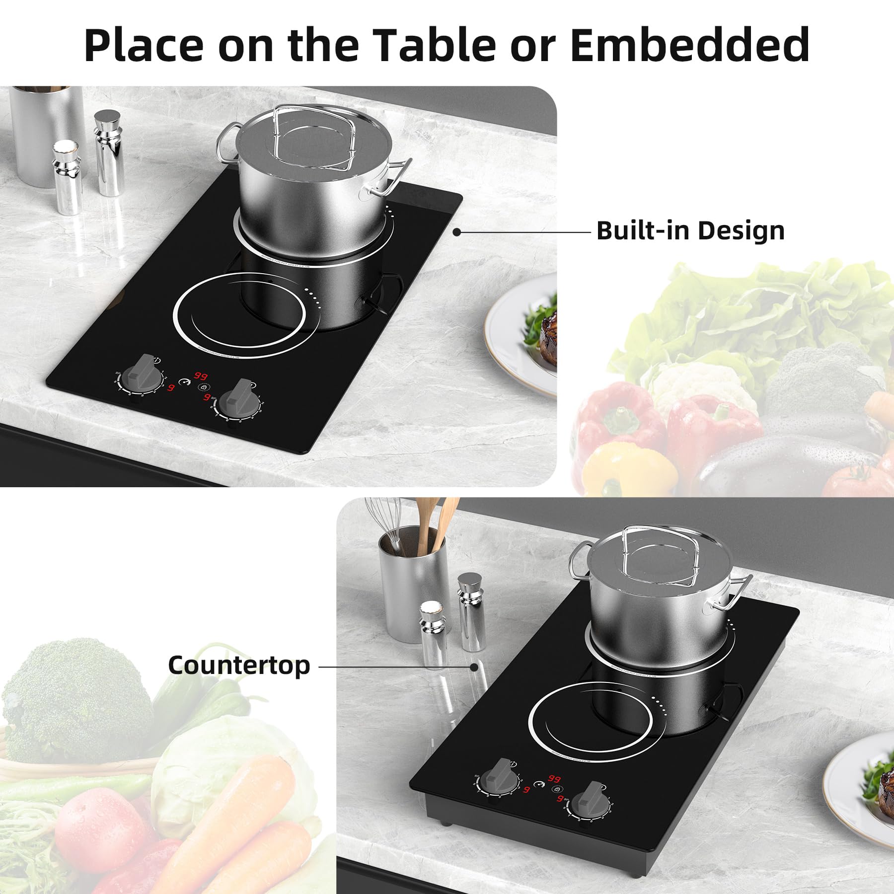 VBGK Double Induction Cooktop,110V 2300w 2 Burner Induction Cooktop,2 Burner Hot Plate Electric Burner