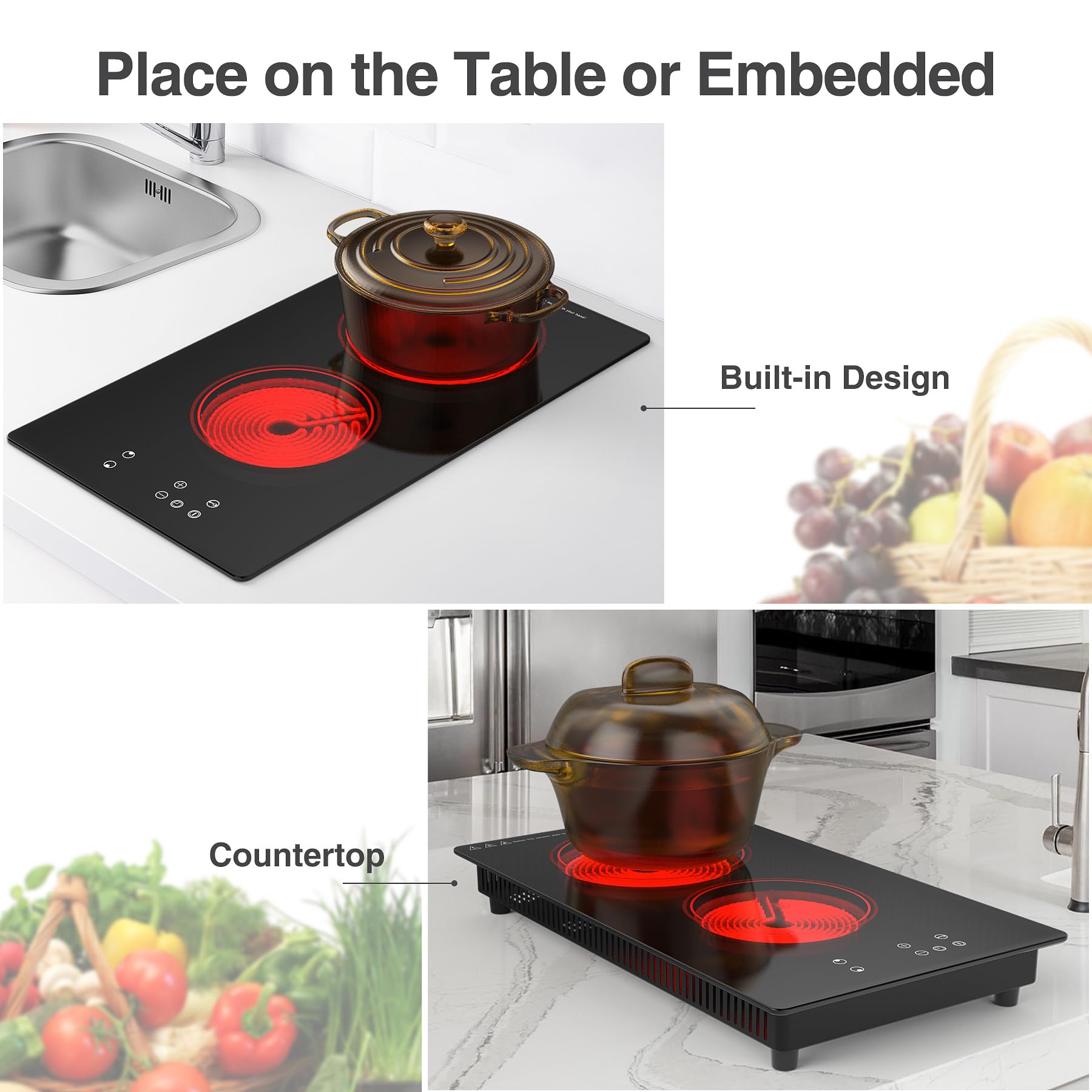 VBGK Electric Cooktop,Built-in and Countertop Electric Stove Top, 2100W 110V Electric Burner, 2 Burner Electric Cooktop.