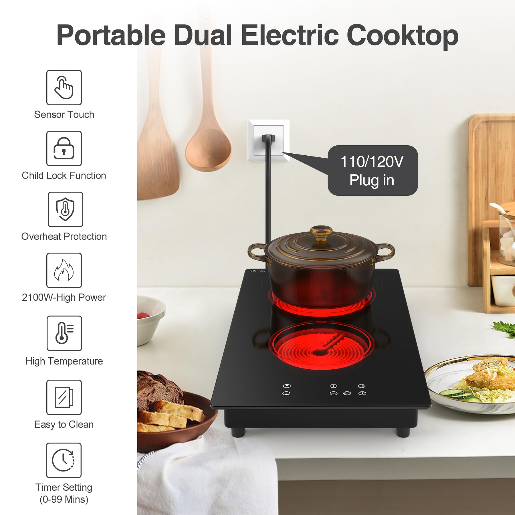 VBGK Electric Cooktop,Built-in and Countertop Electric Stove Top, 2100W 110V Electric Burner, 2 Burner Electric Cooktop.