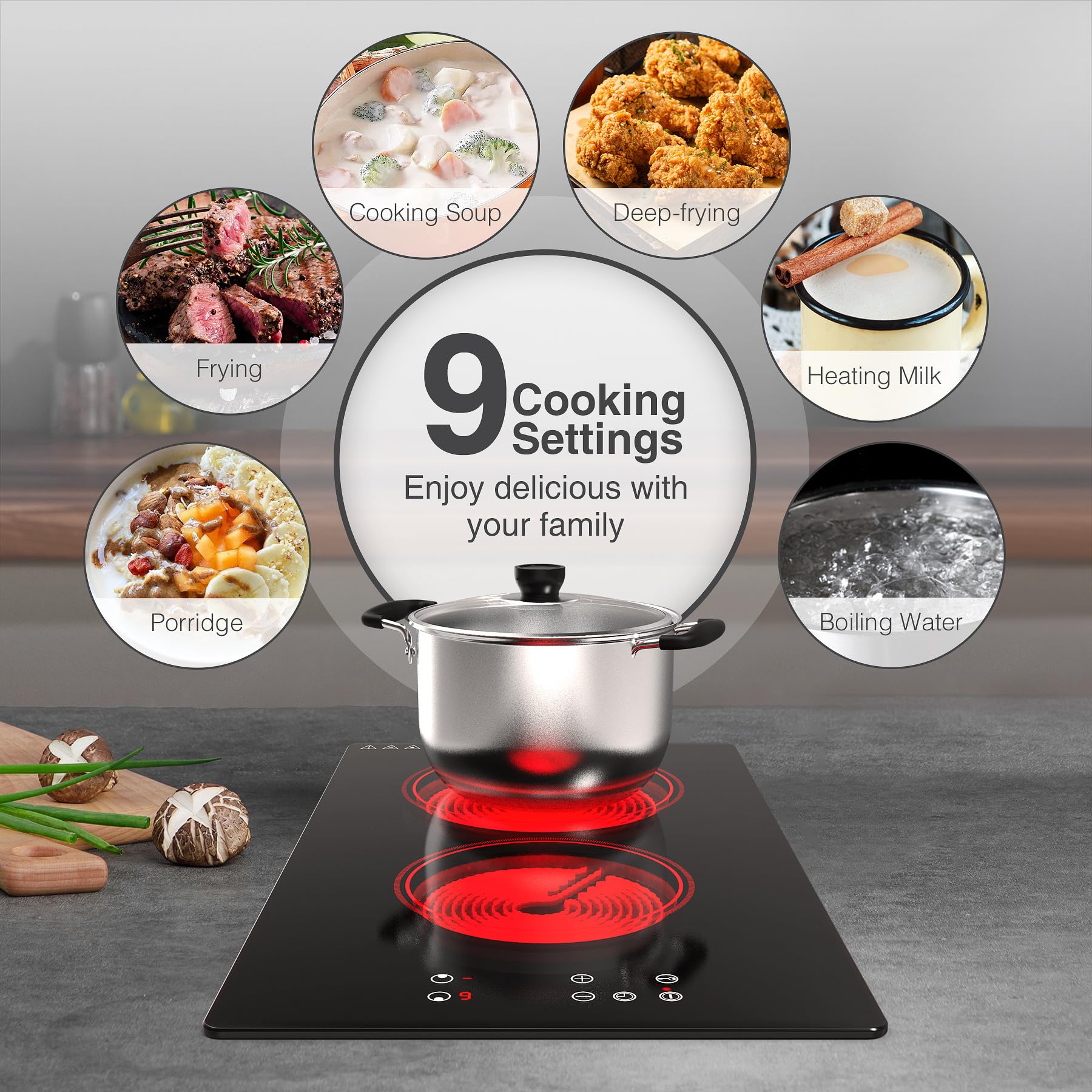 VBGK Electric Cooktop,Built-in and Countertop Electric Stove Top, 2100W 110V Electric Burner, 2 Burner Electric Cooktop.
