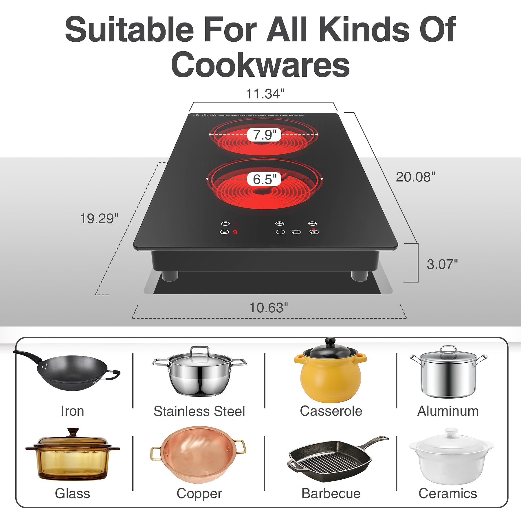 VBGK Electric Cooktop,Built-in and Countertop Electric Stove Top, 2100W 110V Electric Burner, 2 Burner Electric Cooktop.