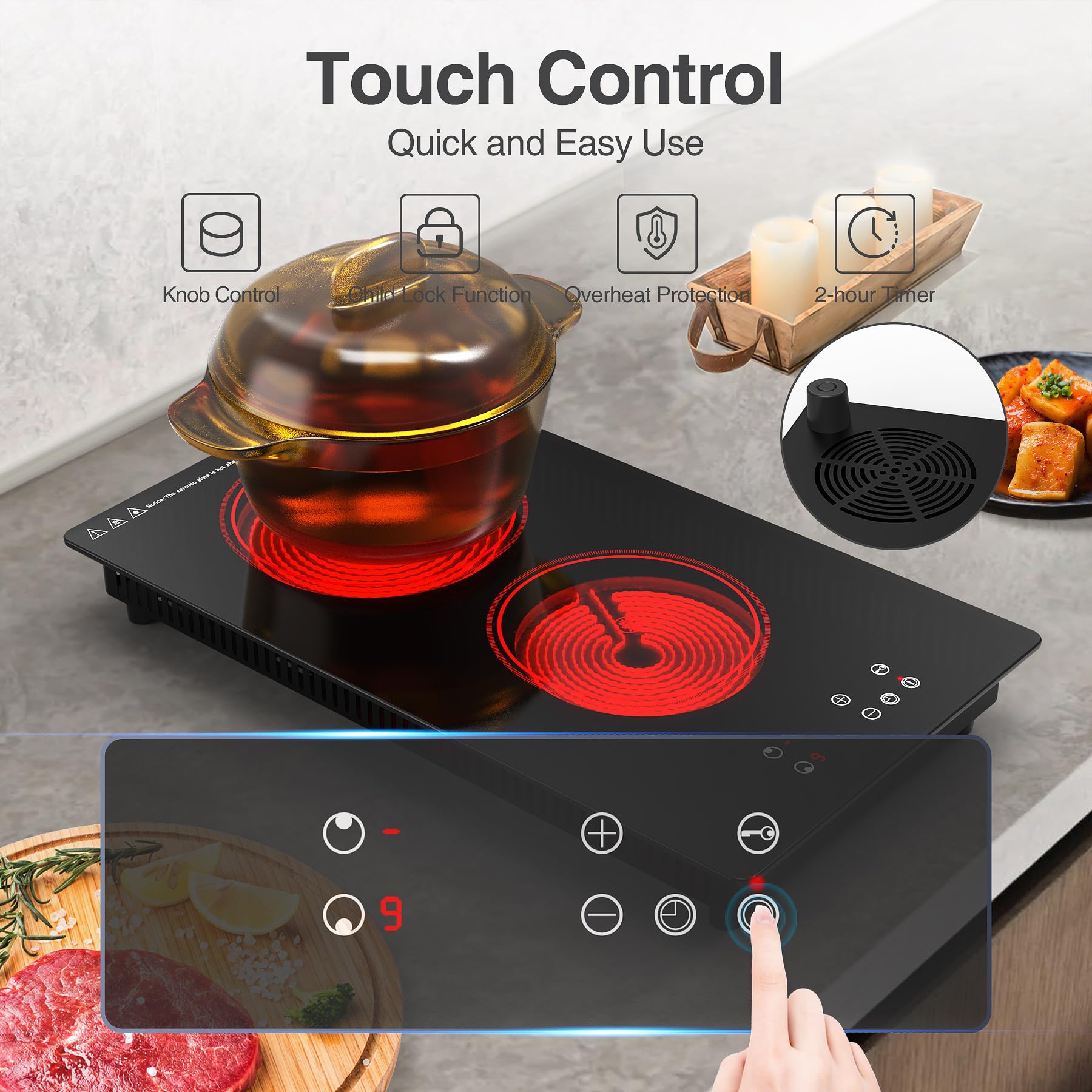VBGK Electric Cooktop,Built-in and Countertop Electric Stove Top, 2100W 110V Electric Burner, 2 Burner Electric Cooktop.