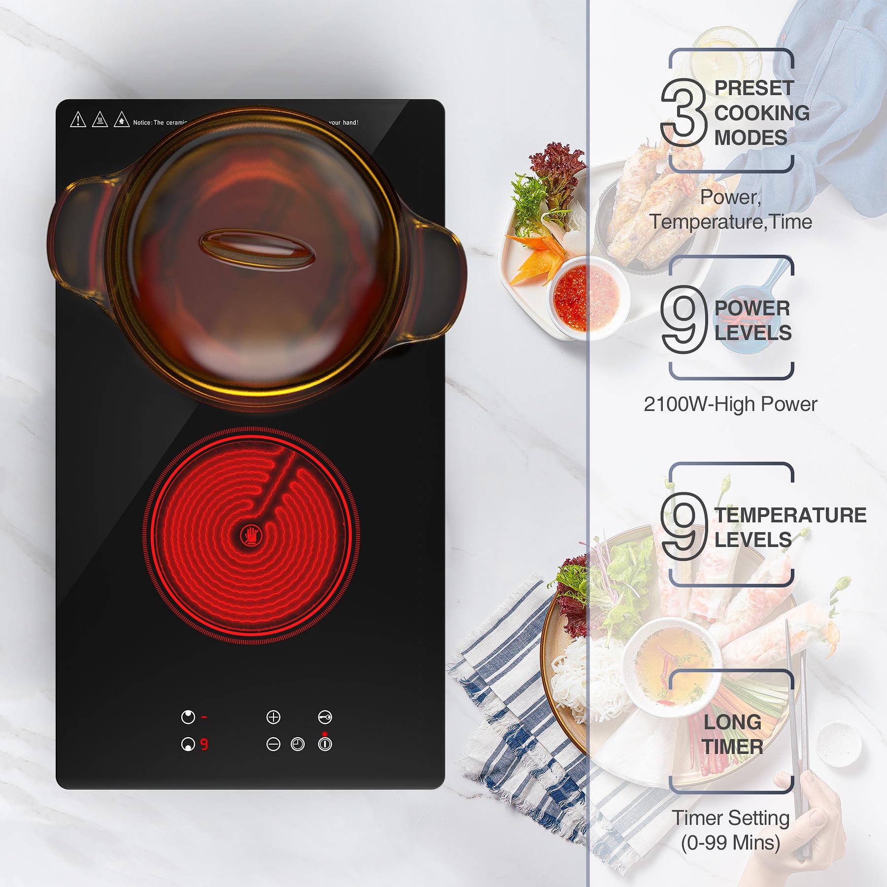 VBGK Electric Cooktop,Built-in and Countertop Electric Stove Top, 2100W 110V Electric Burner, 2 Burner Electric Cooktop.