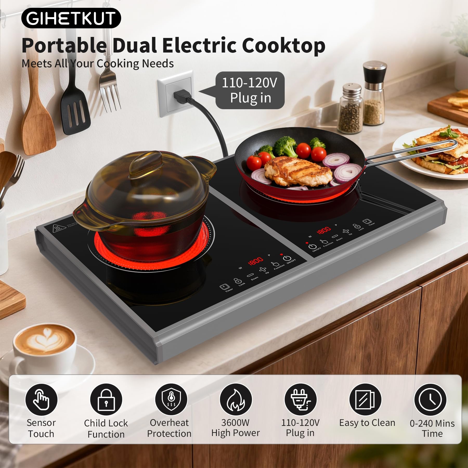 VBGK Electric Cooktop,110V 3600W Stove Top, 2 Burner Electric Cooktop