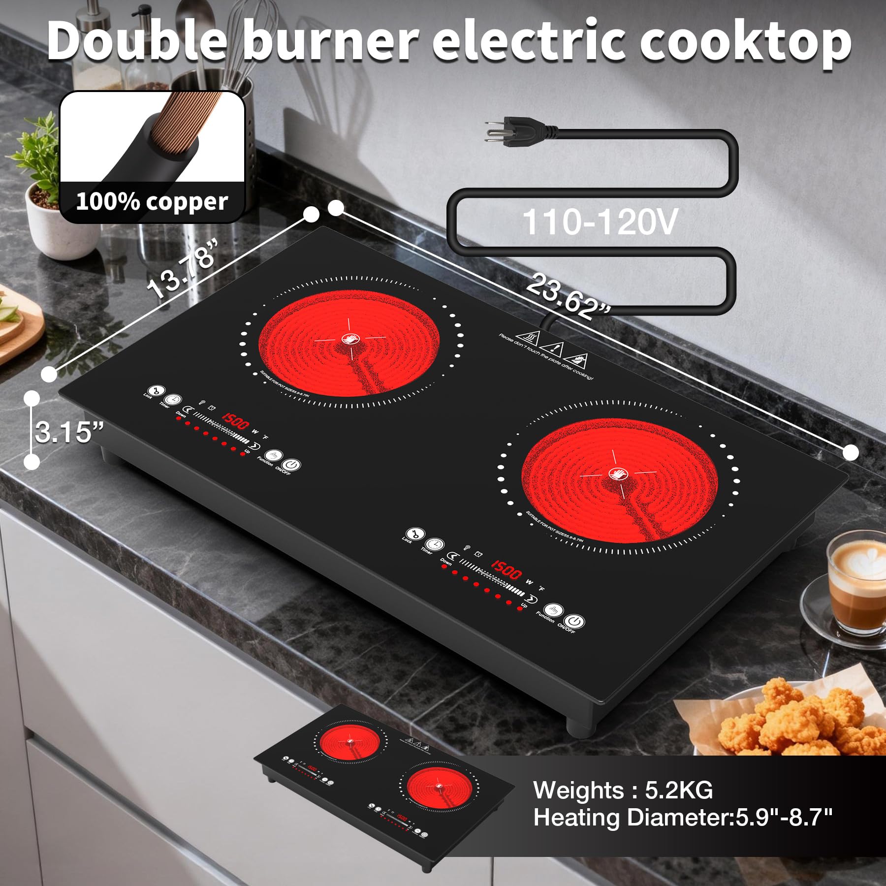 VBGK Electric Cooktop,110V 3000W Electric Stove Top,24 Inch 2 burner cooktop