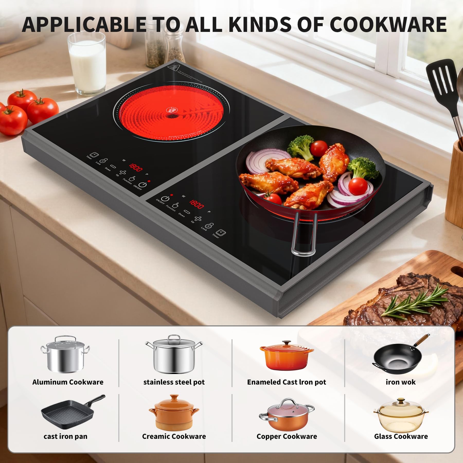 VBGK Electric Cooktop,110V 3600W Stove Top, 2 Burner Electric Cooktop