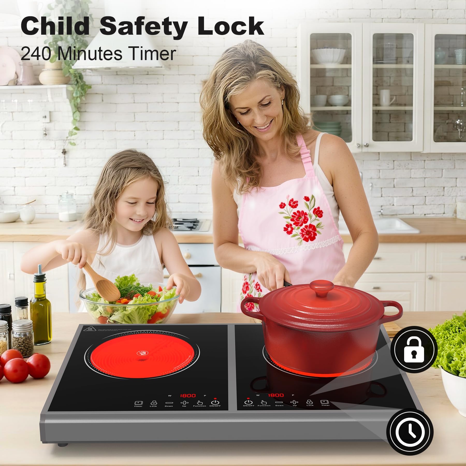 VBGK Electric Cooktop,110V 3600W Stove Top, 2 Burner Electric Cooktop