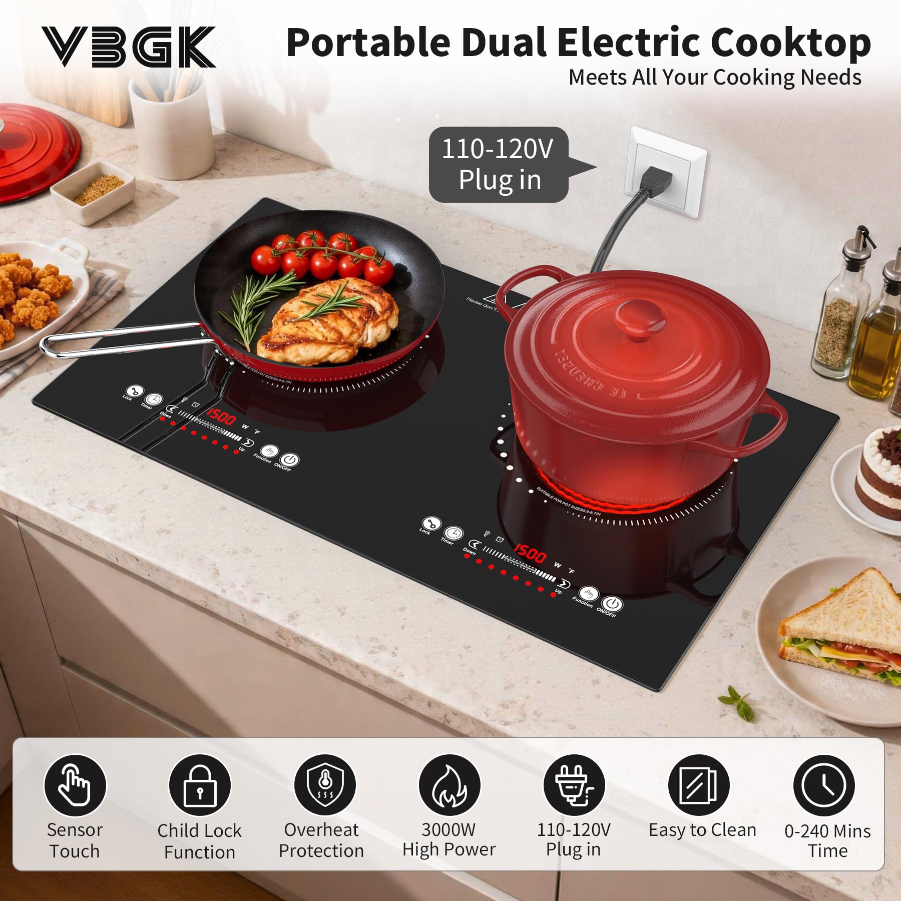 VBGK Electric Cooktop,110V 3000W Electric Stove Top,24 Inch 2 burner cooktop