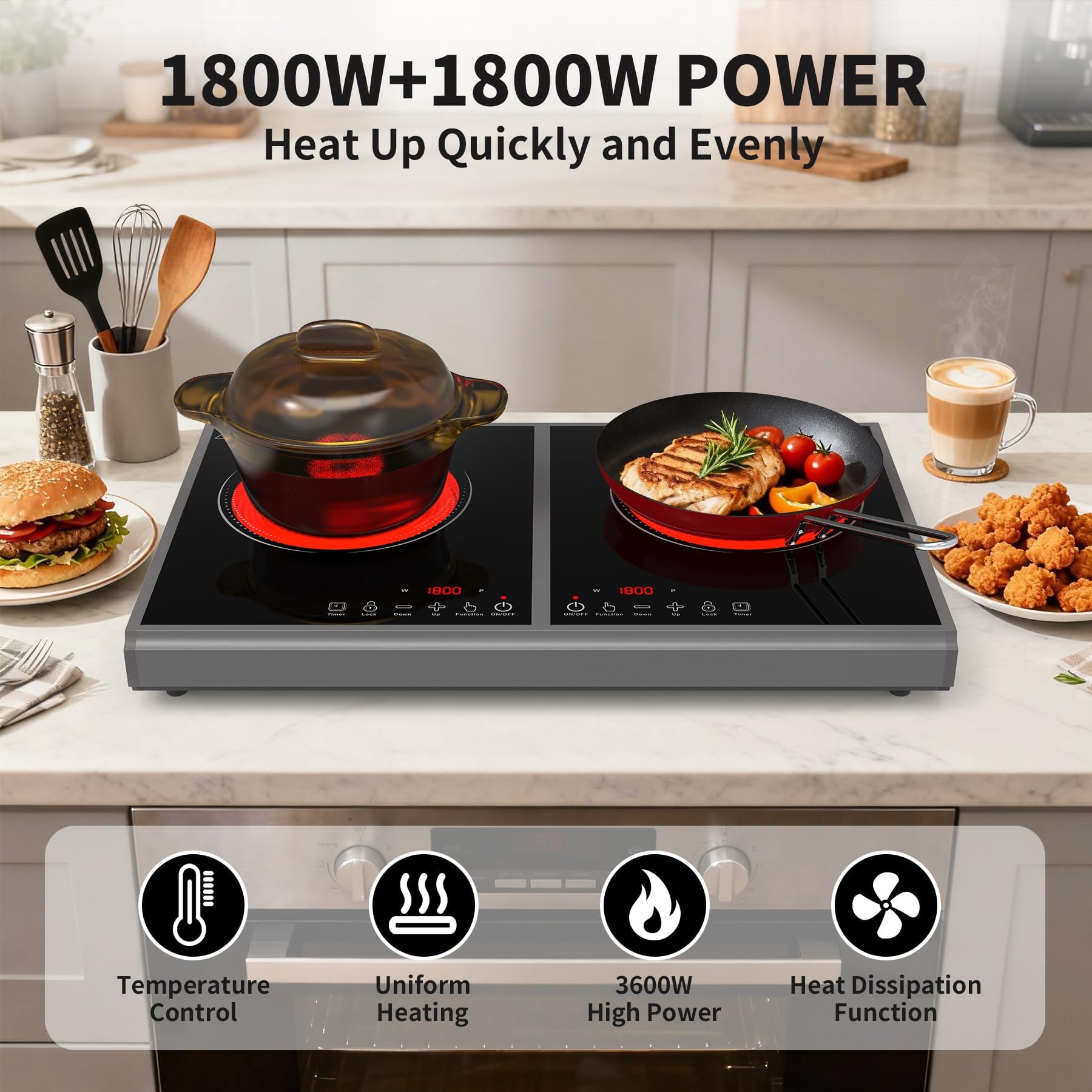 VBGK Electric Cooktop,110V 3600W Stove Top, 2 Burner Electric Cooktop