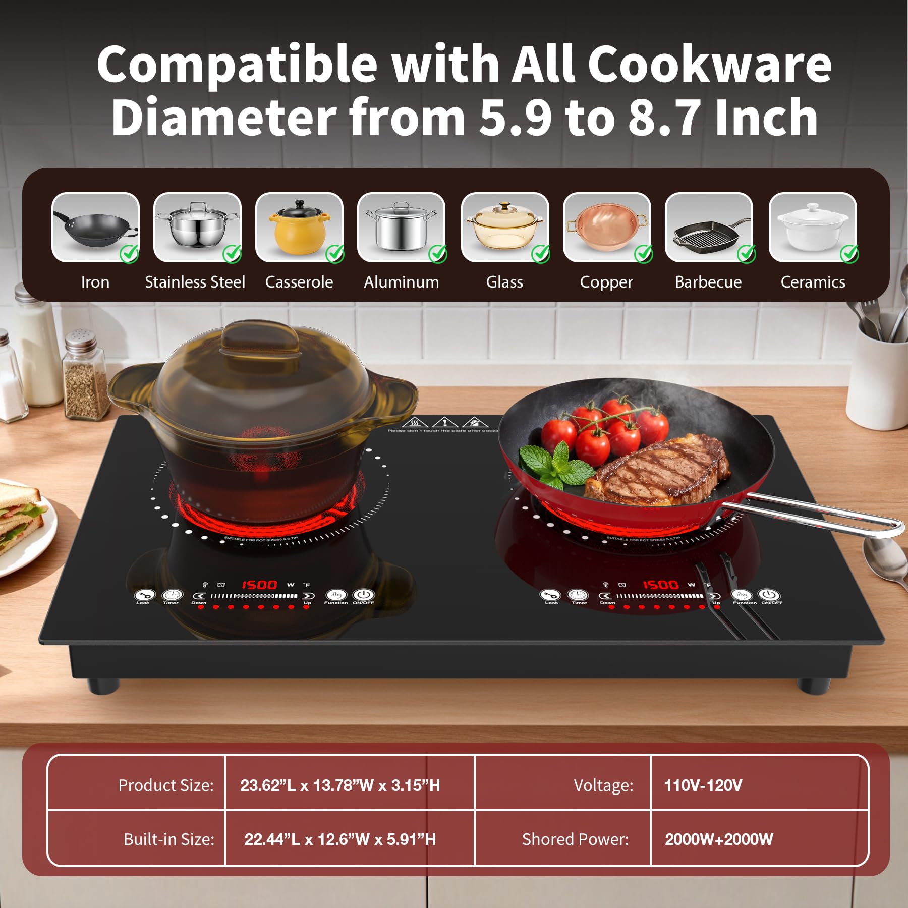 VBGK Electric Cooktop,110V 3000W Electric Stove Top,24 Inch 2 burner cooktop