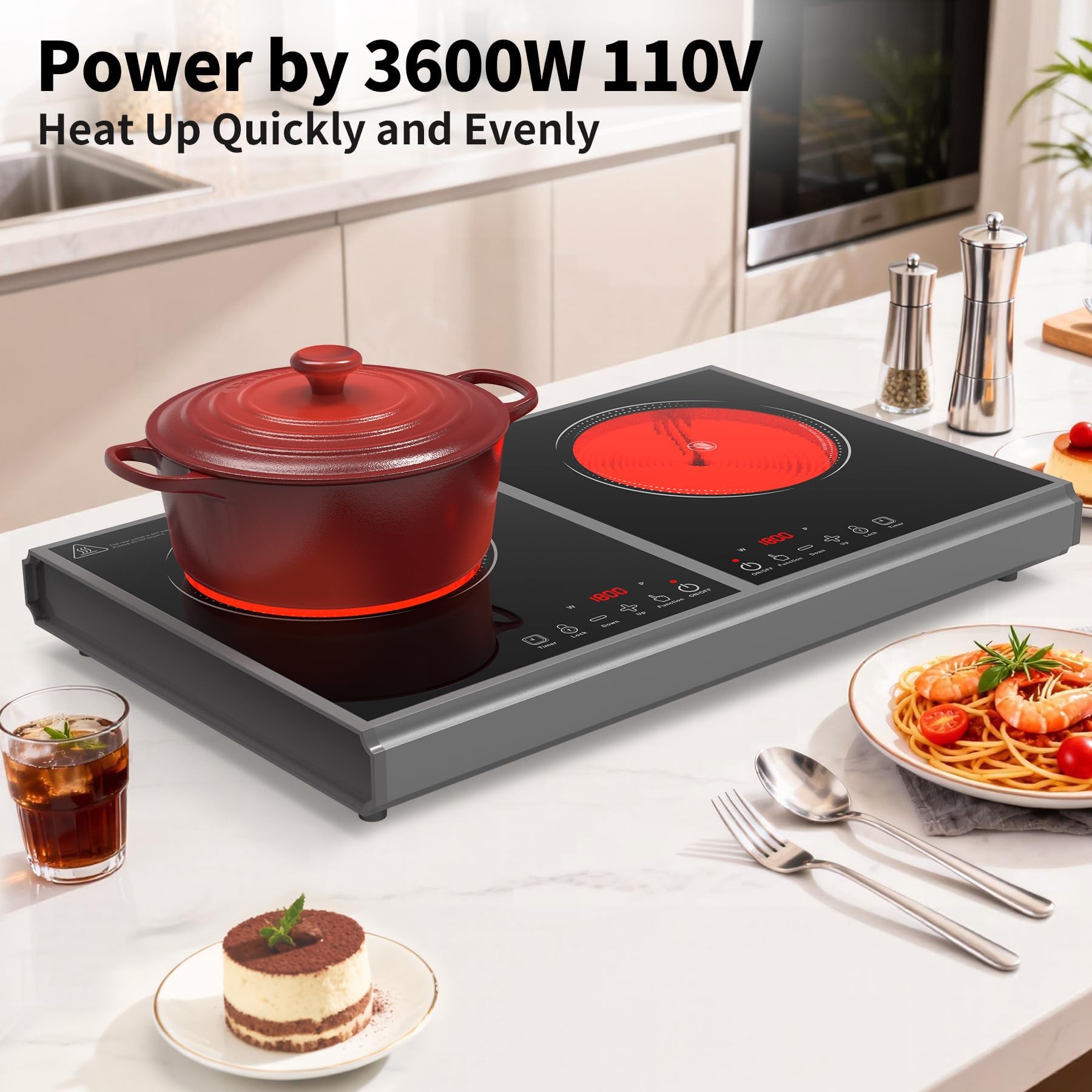 VBGK Electric Cooktop,110V 3600W Stove Top, 2 Burner Electric Cooktop