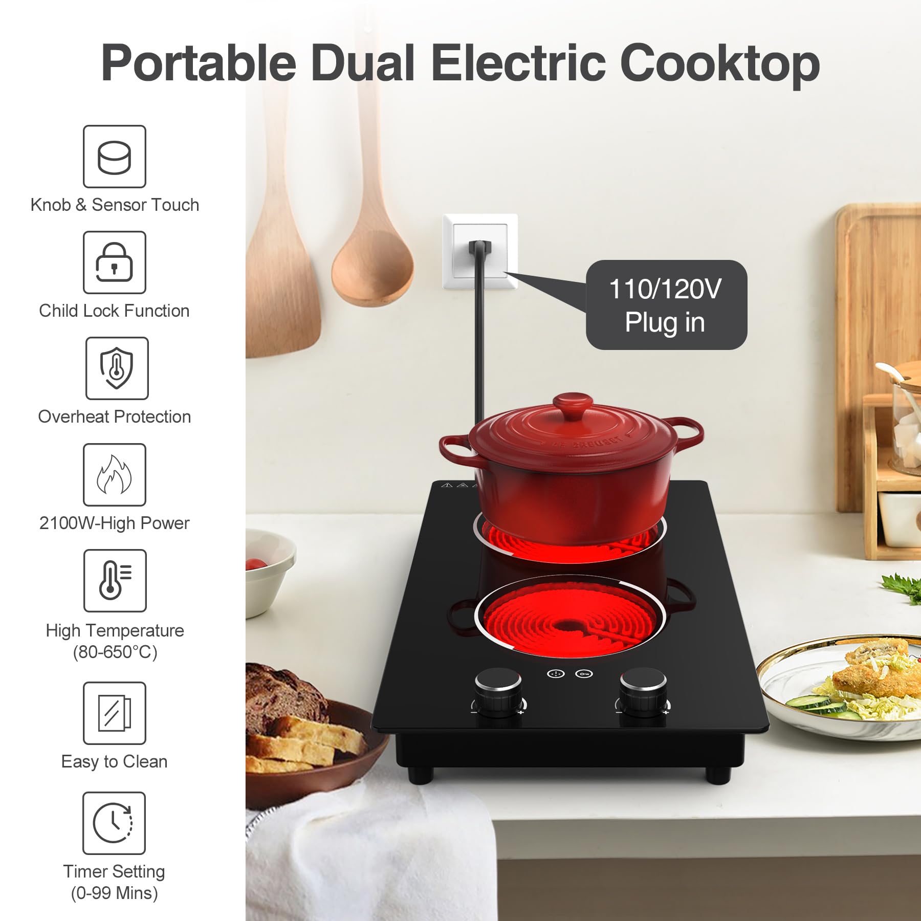 VBGK Electric Cooktop,110V 2100W Electric Stove Top,Built-in Radiant Double Induction Cooktop