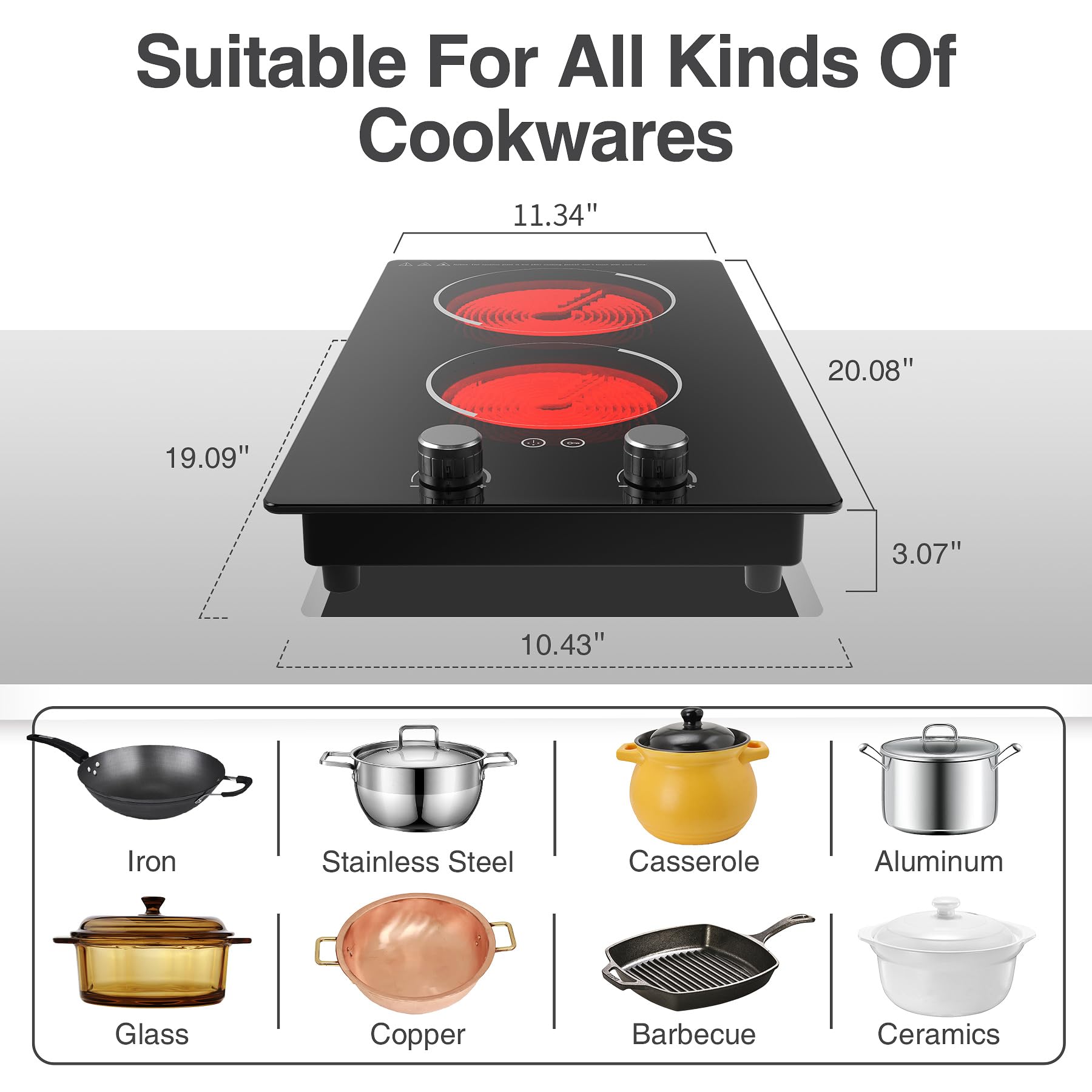 VBGK Electric Cooktop,110V 2100W Electric Stove Top,Built-in Radiant Double Induction Cooktop