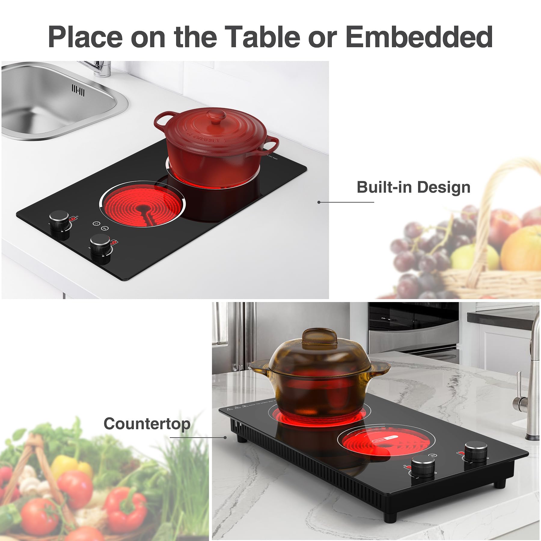 VBGK Electric Cooktop,110V 2100W Electric Stove Top,Built-in Radiant Double Induction Cooktop
