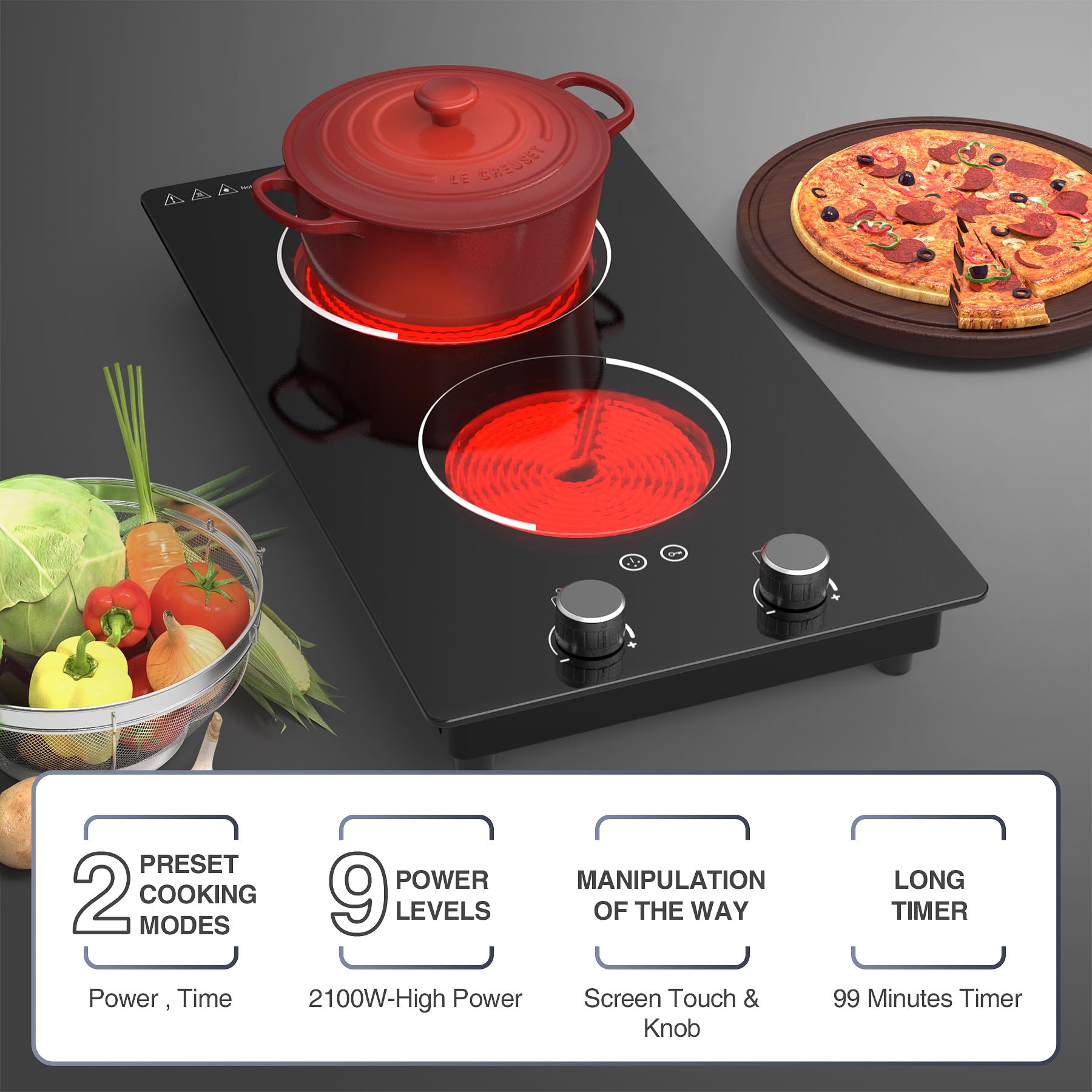 VBGK Electric Cooktop,110V 2100W Electric Stove Top,Built-in Radiant Double Induction Cooktop