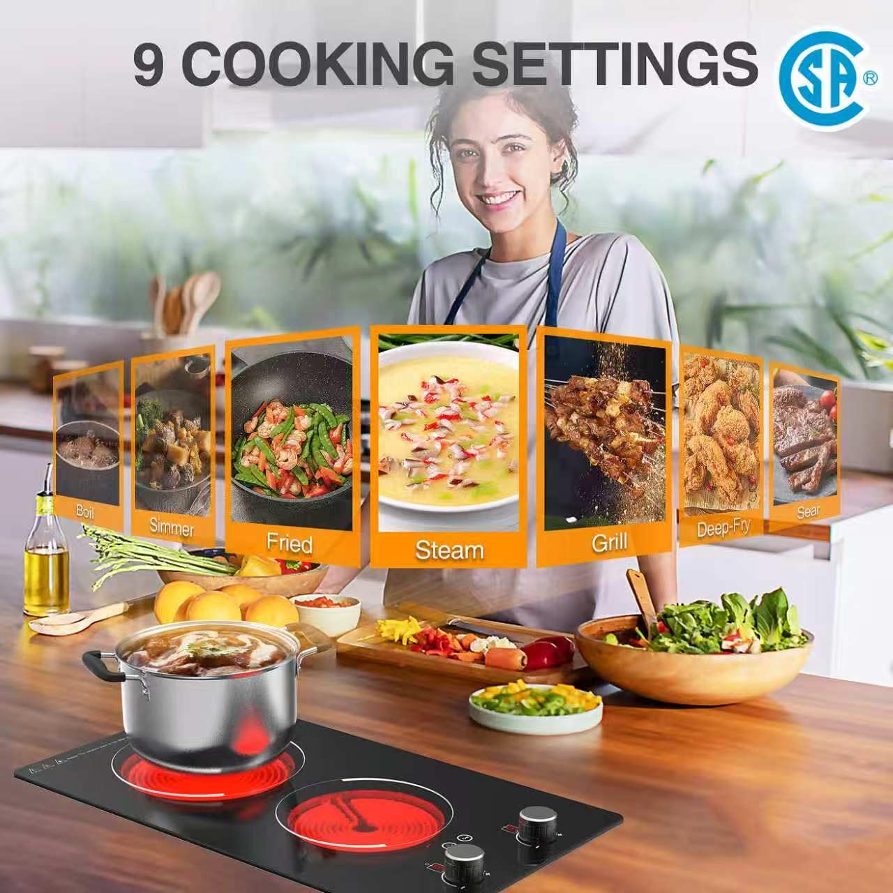 VBGK Electric Cooktop,110V 2100W Electric Stove Top,Built-in Radiant Double Induction Cooktop