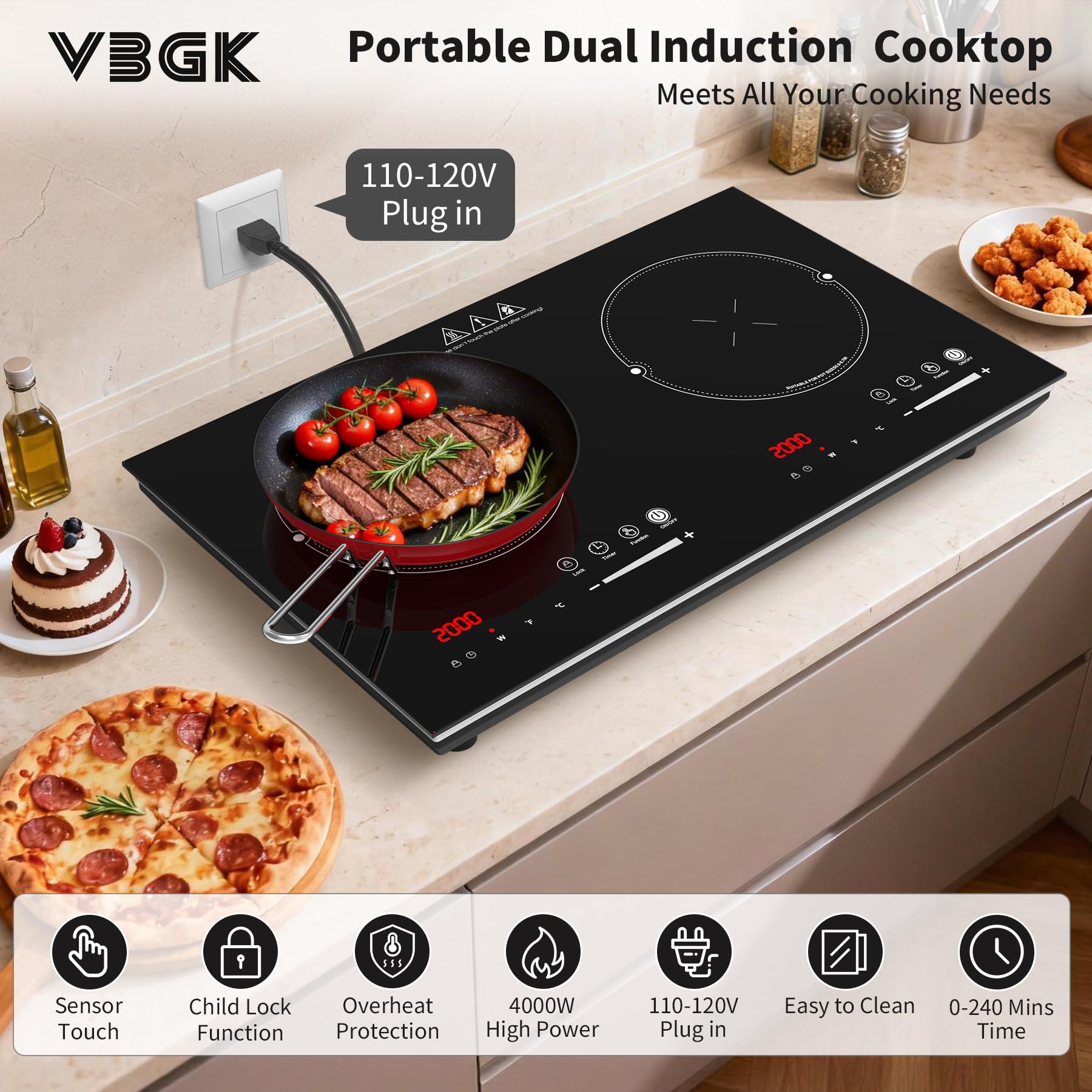VBGK 2 Burner Cooktop,110V 4000W 2 Burner Induction Stove Top,LED Touch Control Induction Cooker
