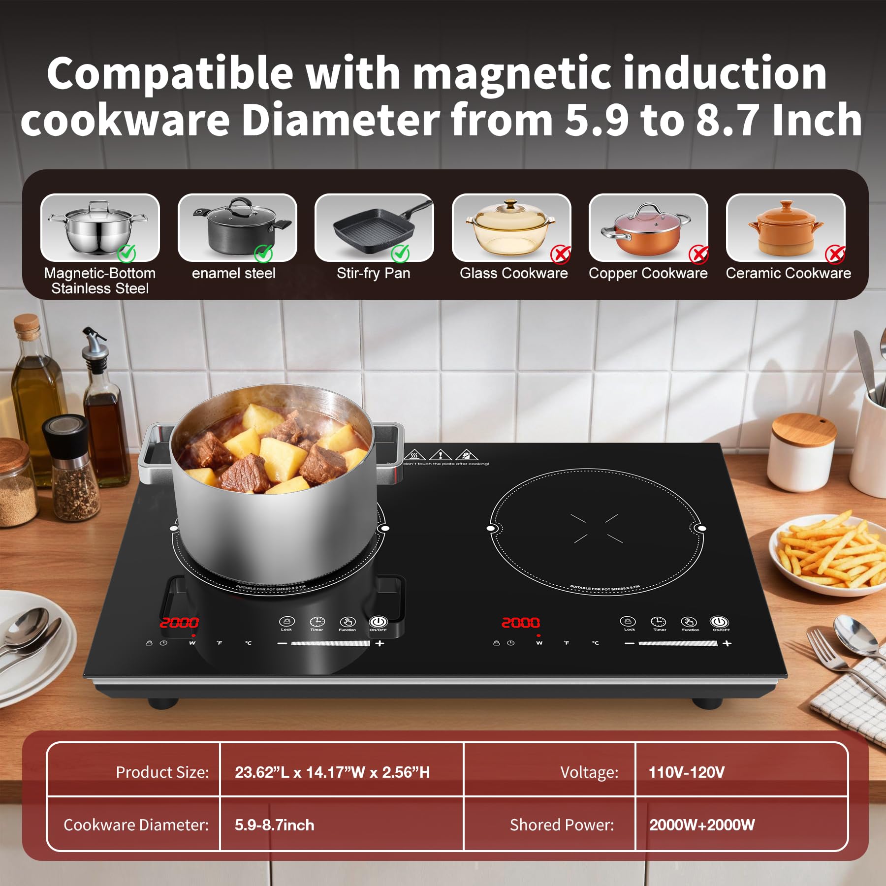 VBGK 2 Burner Cooktop,110V 4000W 2 Burner Induction Stove Top,LED Touch Control Induction Cooker
