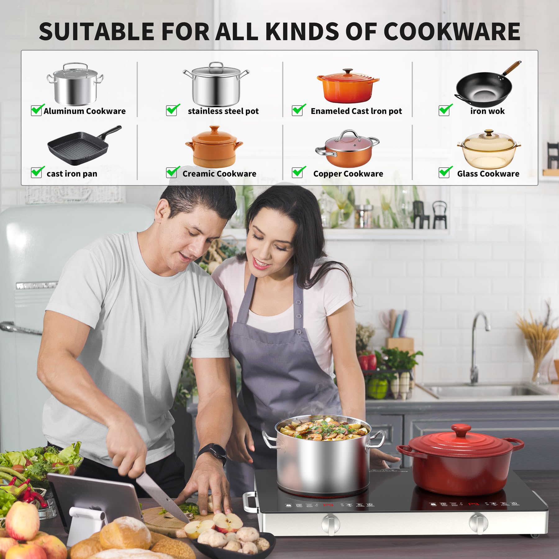 VBGK Electric Cooktop,110V 2400W Stove top, Countertop Cooktop, 2 burner Electric cooktop