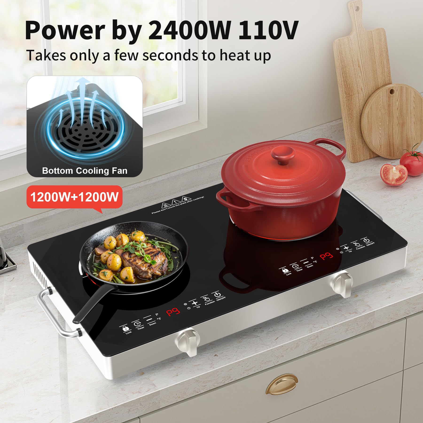 VBGK Electric Cooktop,110V 2400W Stove top, Countertop Cooktop, 2 burner Electric cooktop