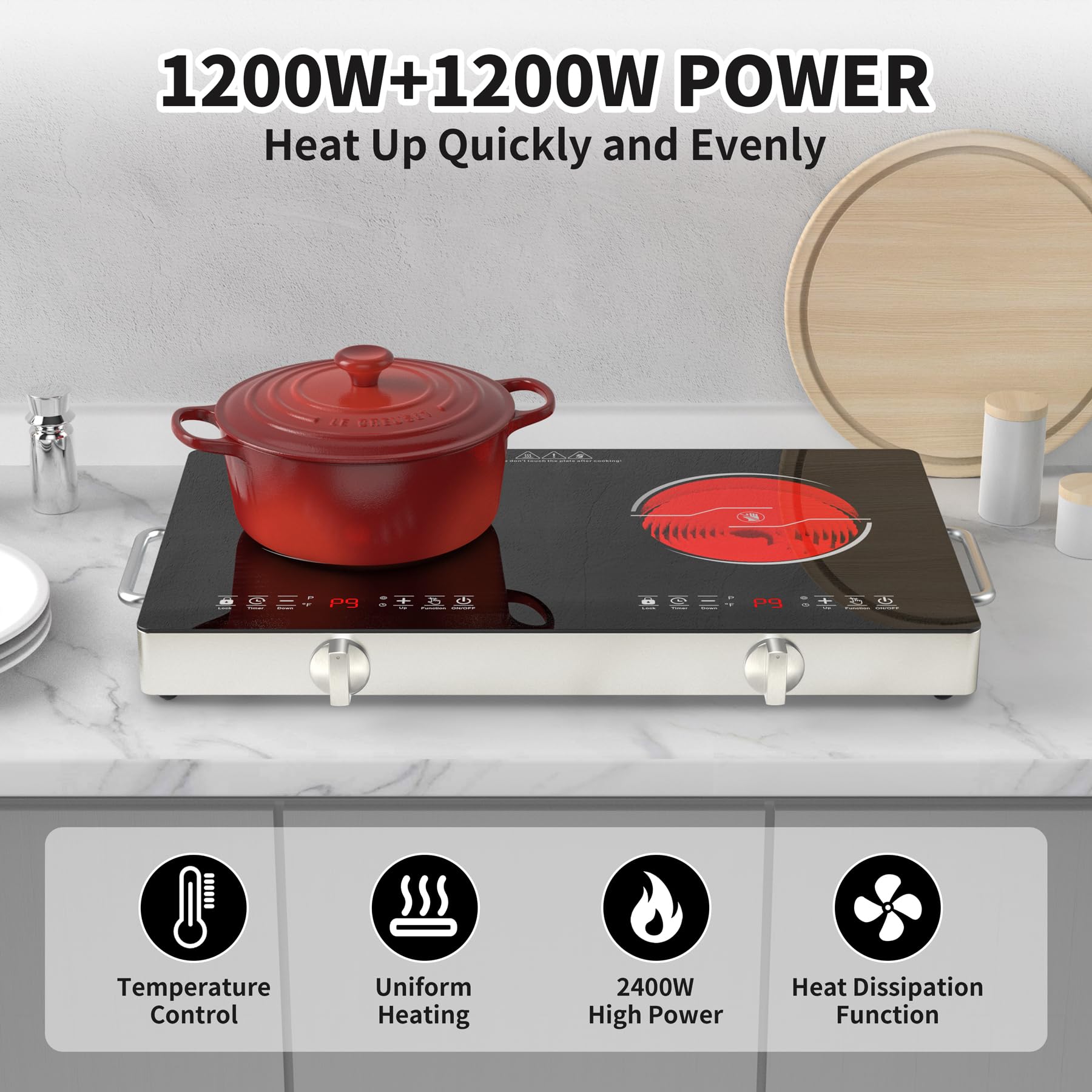 VBGK Electric Cooktop,110V 2400W Stove top, Countertop Cooktop, 2 burner Electric cooktop