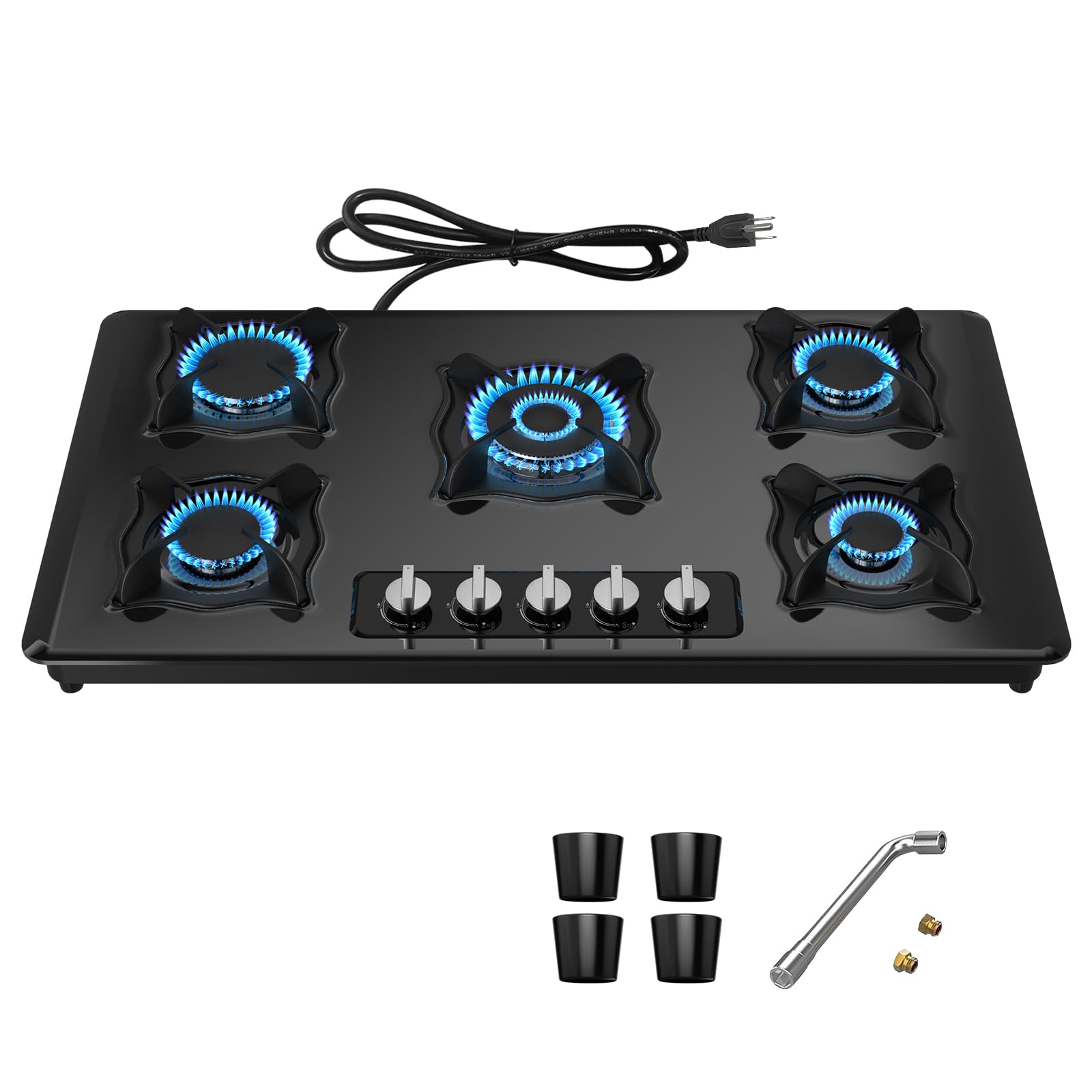 VBGK 36 Inch 5 Burner Built-in Propane Gas Cooktop Tempered Glass Panel Easy Clean Gas Stove Top for Kitchen Use
