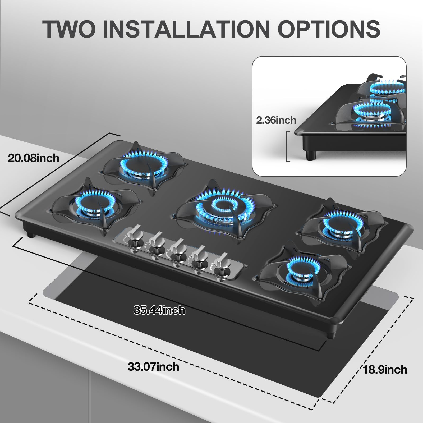VBGK 36 Inch 5 Burner Built-in Propane Gas Cooktop Tempered Glass Panel Easy Clean Gas Stove Top for Kitchen Use