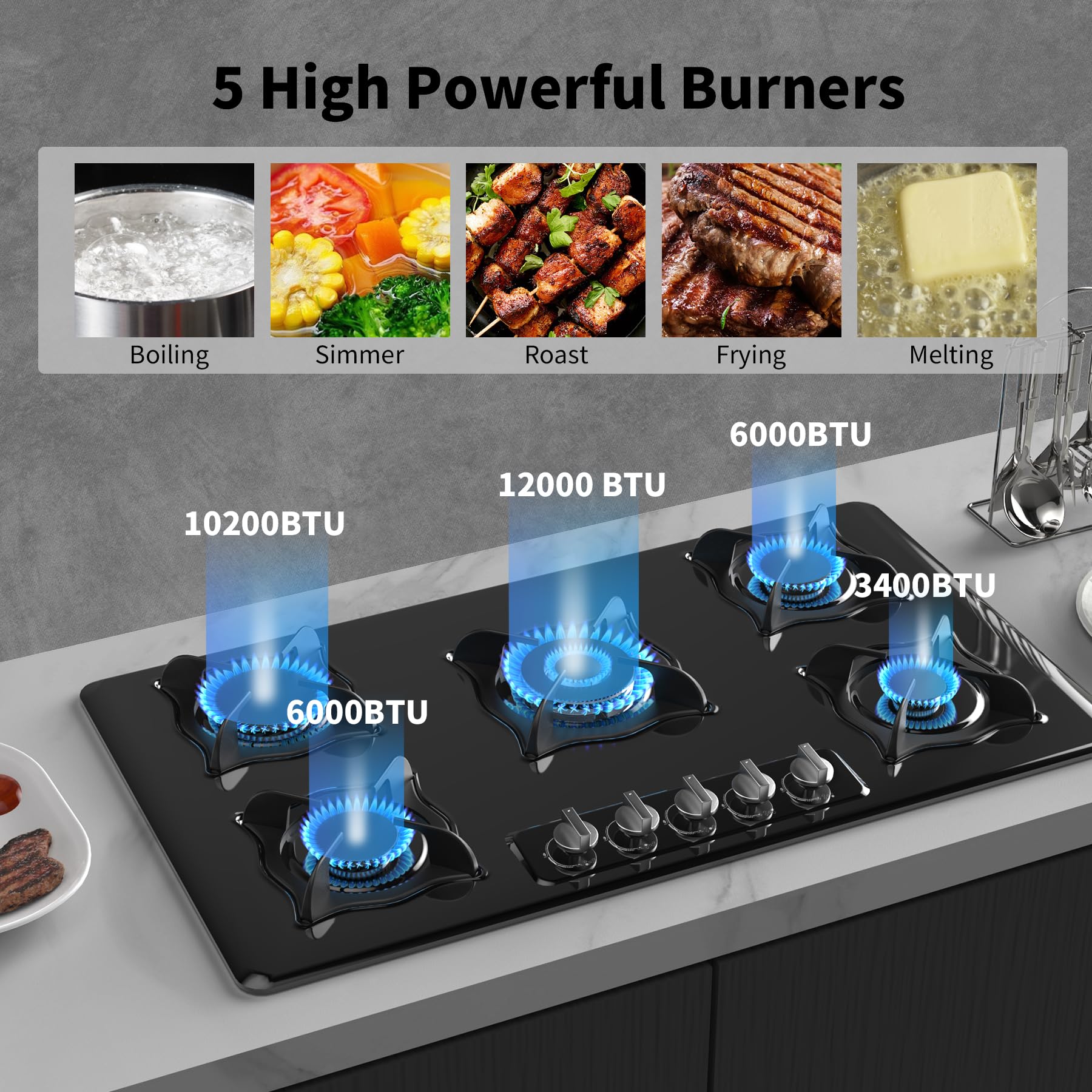 VBGK 36 Inch 5 Burner Built-in Propane Gas Cooktop Tempered Glass Panel Easy Clean Gas Stove Top for Kitchen Use