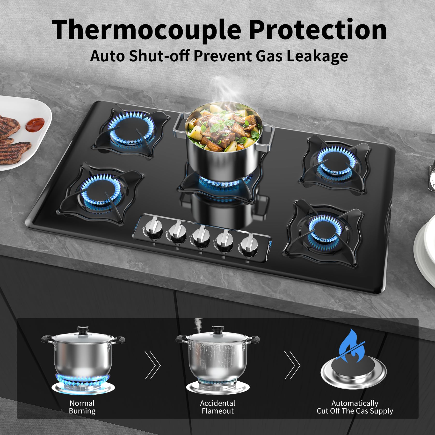 VBGK 36 Inch 5 Burner Built-in Propane Gas Cooktop Tempered Glass Panel Easy Clean Gas Stove Top for Kitchen Use