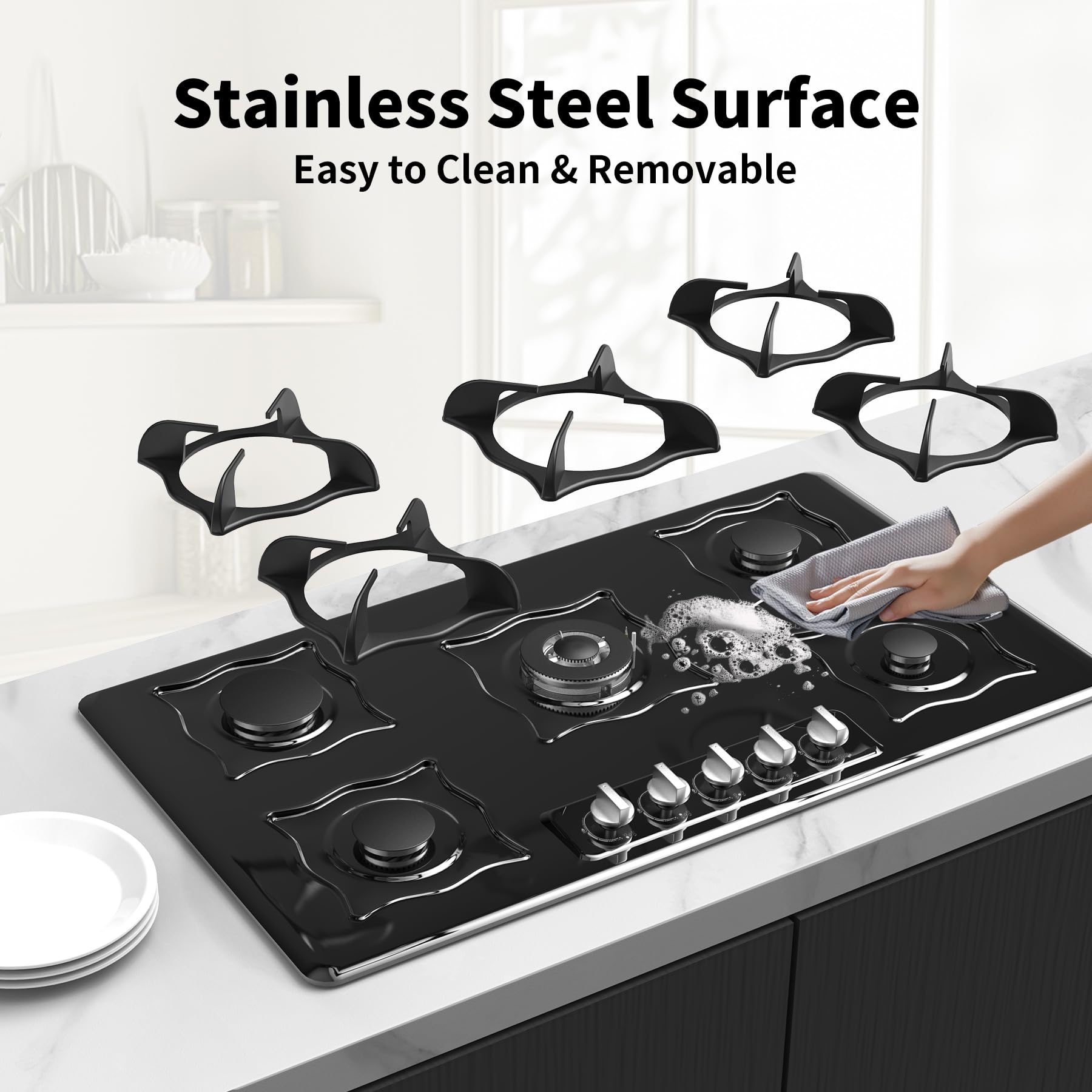 VBGK 36 Inch 5 Burner Built-in Propane Gas Cooktop Tempered Glass Panel Easy Clean Gas Stove Top for Kitchen Use